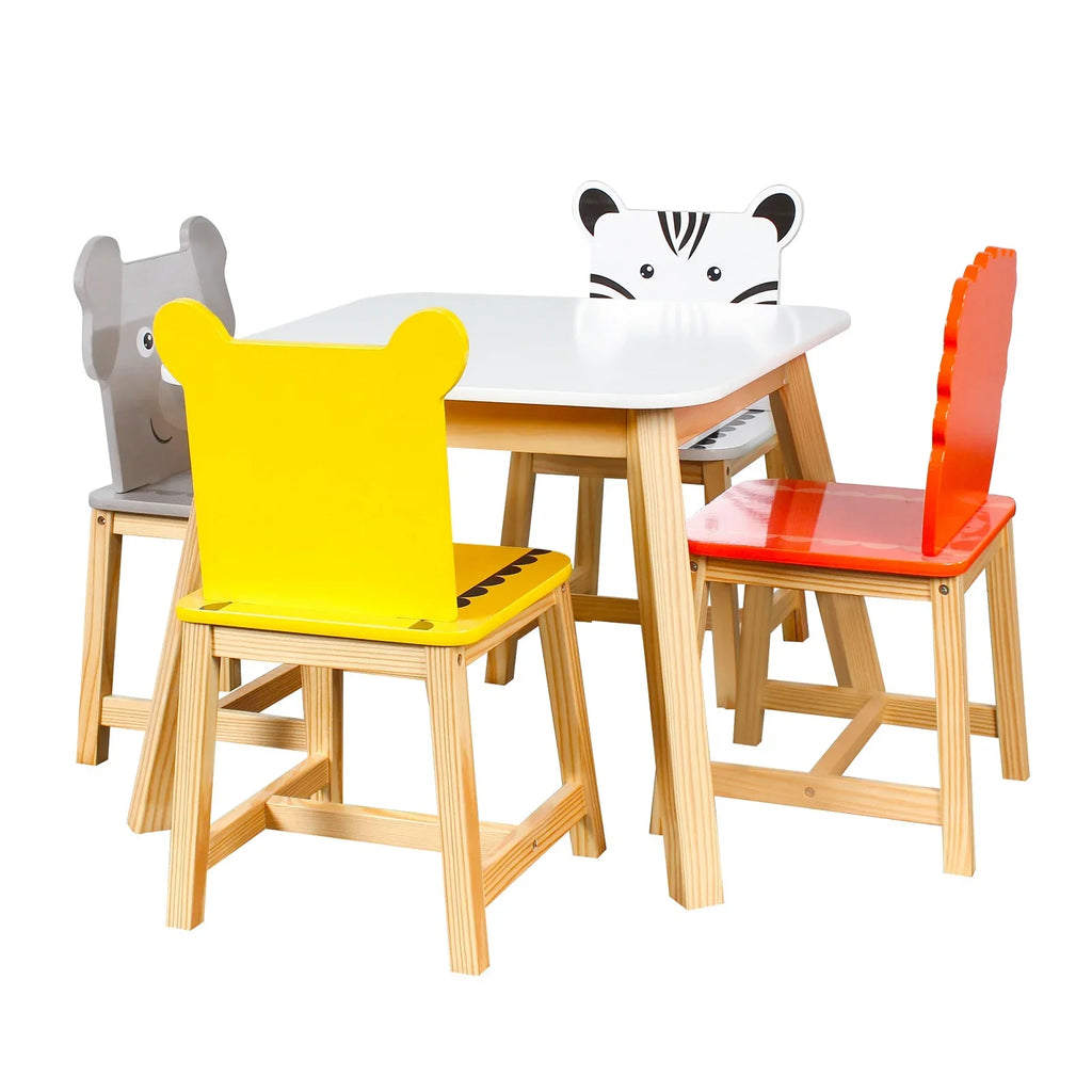 5 Piece Kids Table and Chair Set Toddler Table Cartoon Animals Kids  Wood Table with 4 Chairs Set for Learning Playing Crafts Drawing White