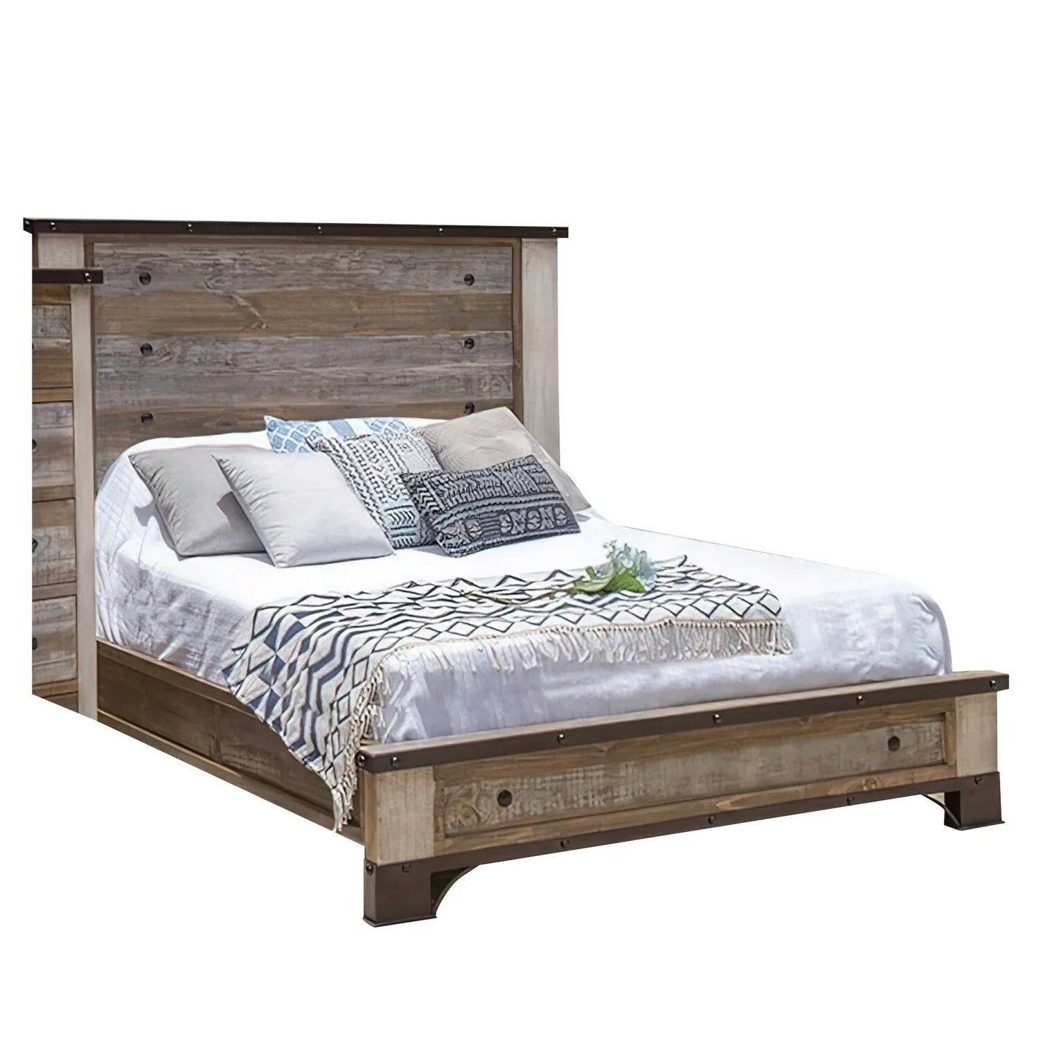 Benjara Fena King Size Bed, Round Black Nailheads, Distressed Wood Multicolor Brown