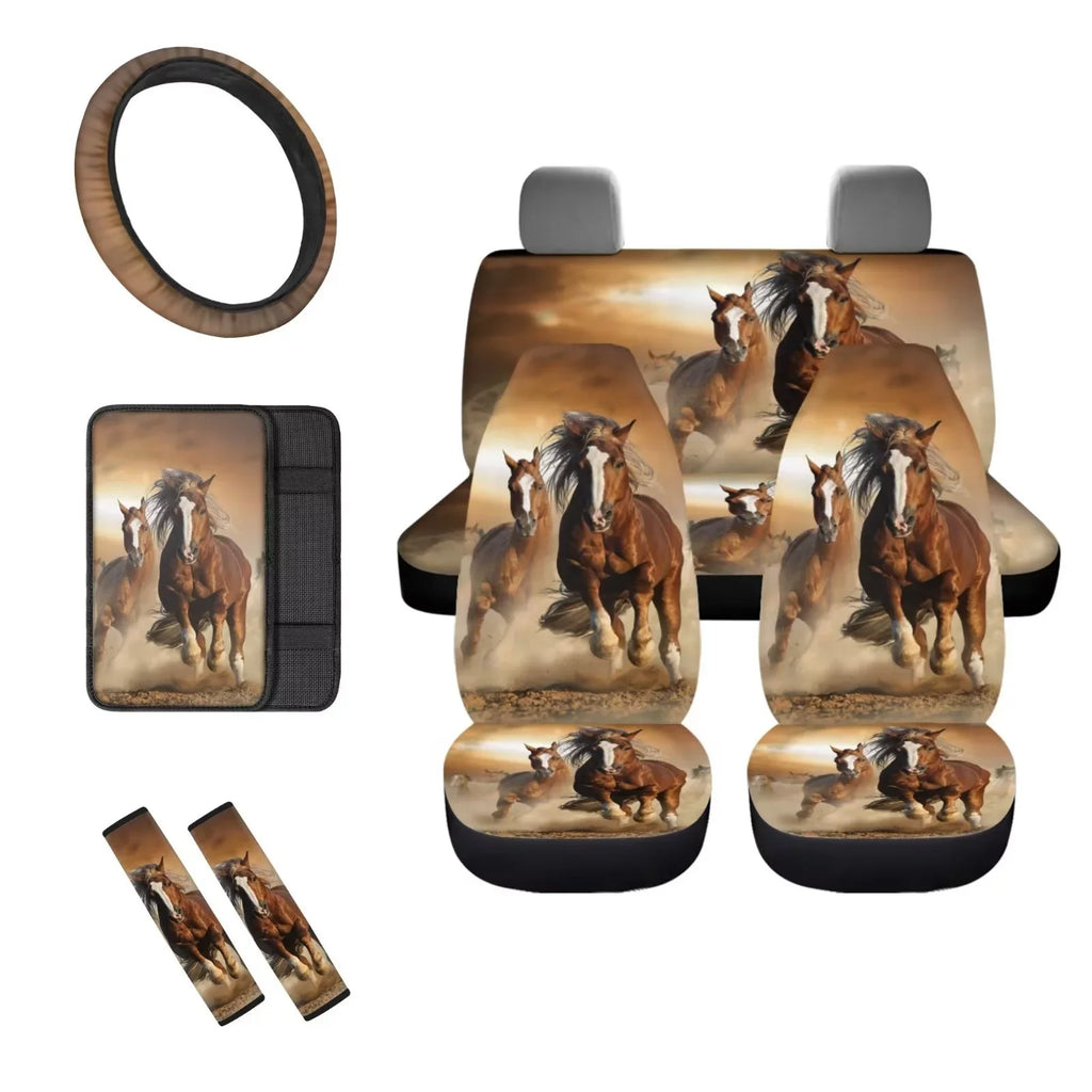 Binienty Car Seat Cover for Carseat SUV Van Auto Interior Accessories,Center Console Pad,Front Back Seat Protector Cover,Steering Wheel Pad,Armrest Cover,8pcs Running Horse Western Aztec Design