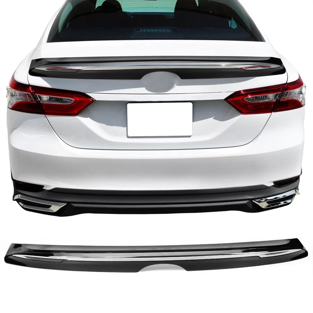 Ikon Motorsports Compatible with 18-23 Toyota Camry LE MD Style Rear Trunk Spoiler Wing Gloss Black With Chrome Trim 2018 2019 2020 2021 2022