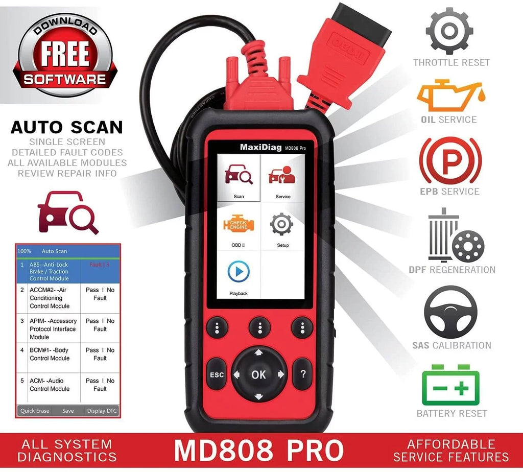 Autel MaxiDiag MD808 Pro With Extension Cable OBD2 Scanner Code Reader Read/Clear Codes DTC Lookup 7 Special Features Oil Reset Battery Reset EPB SAS BMS Upgraded MD806 MD802 AL329 AL529 AL609 AL629