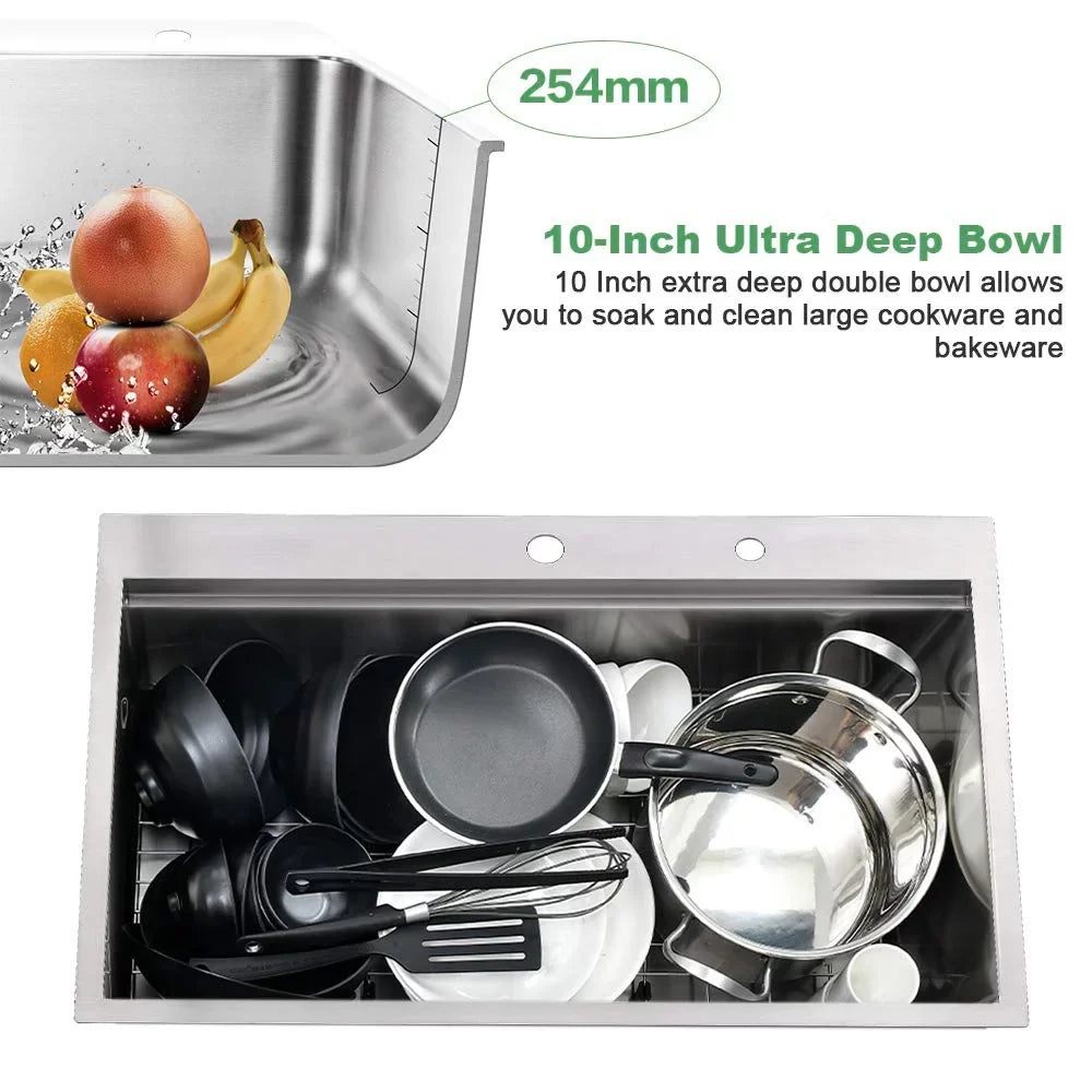 PROOX 30'' Single Bowl Stainless Steel Drop-In Kitchen Sink with 2 Faucet Holes