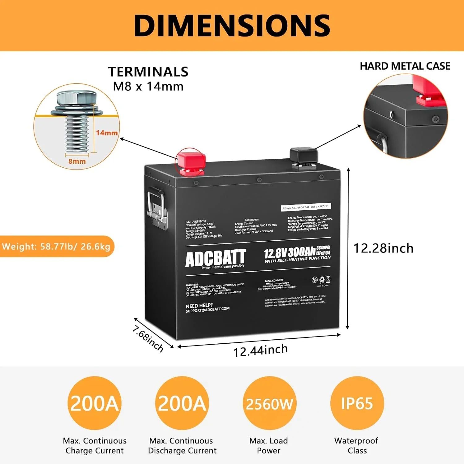 Adcbatt 12V 300Ah LiFePO4 Battery with Self Heating and Metal Case for RV, Trolling Motor, off-Grid