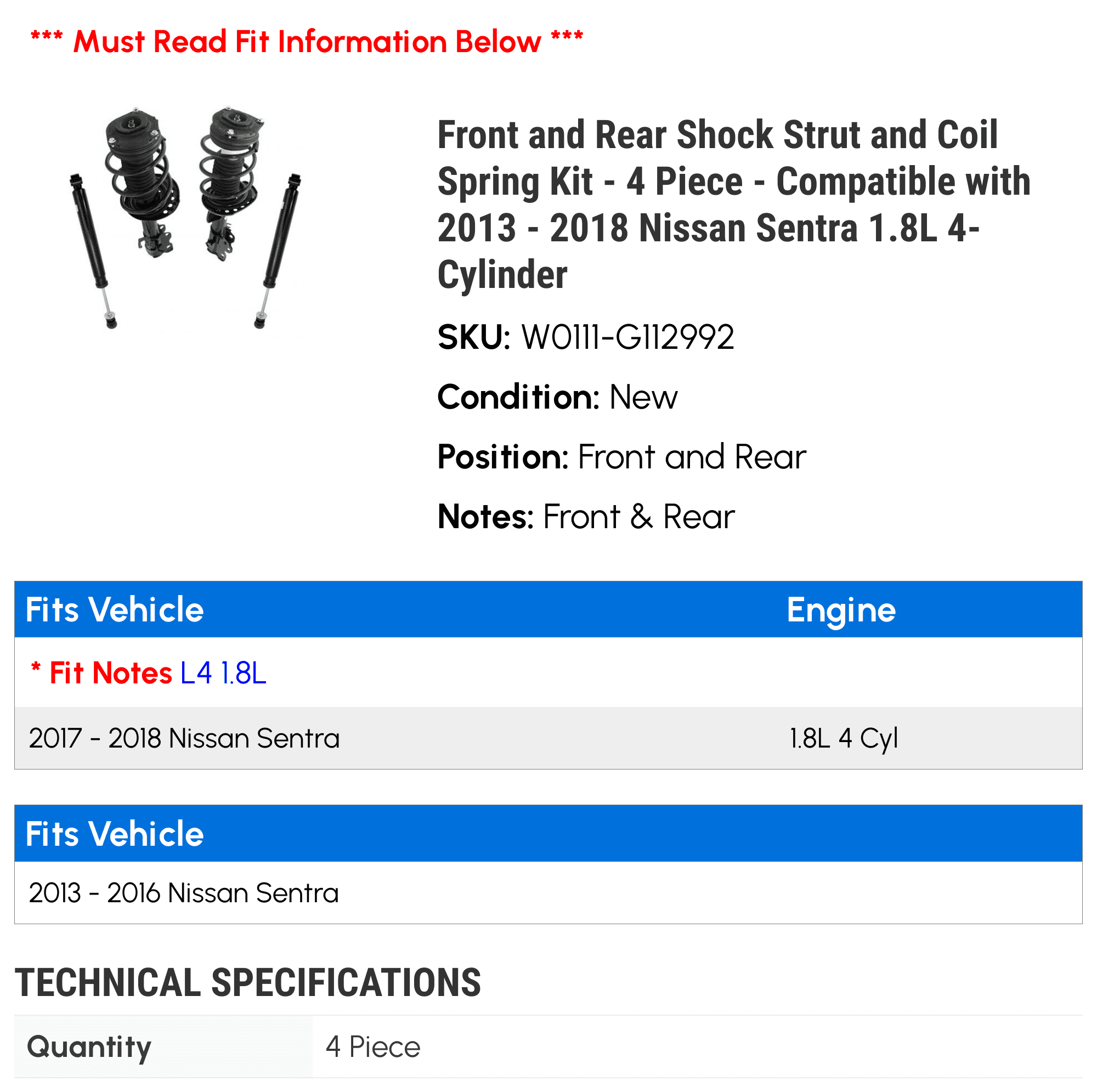 Front and Rear Shock Strut and Coil Spring Kit - 4 Piece - Compatible with 2013 - 2018 Nissan Sentra 1.8L 4-Cylinder 2014 2015 2016 2017