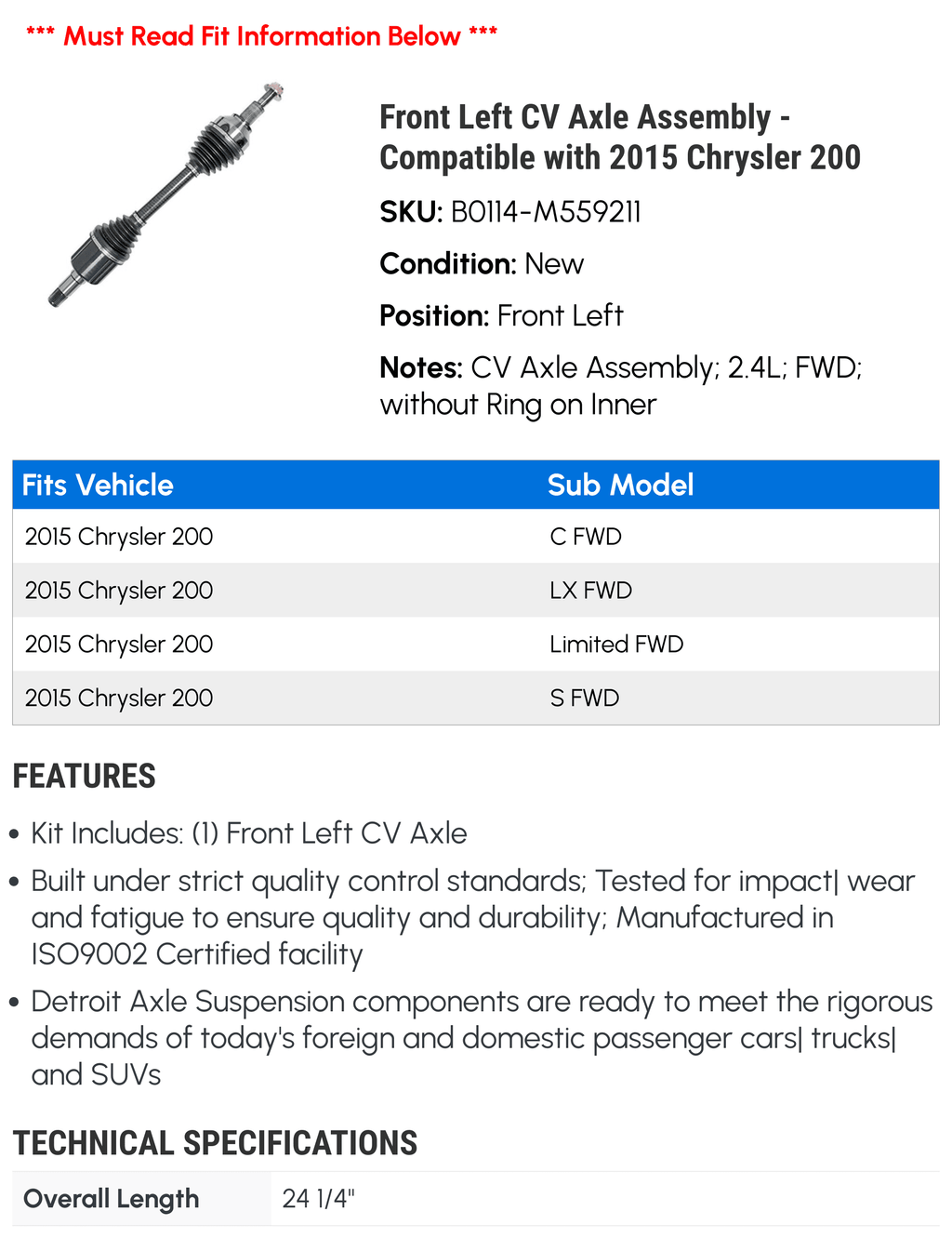 Front Left CV Axle Assembly - Compatible with 2015 Chrysler 200
