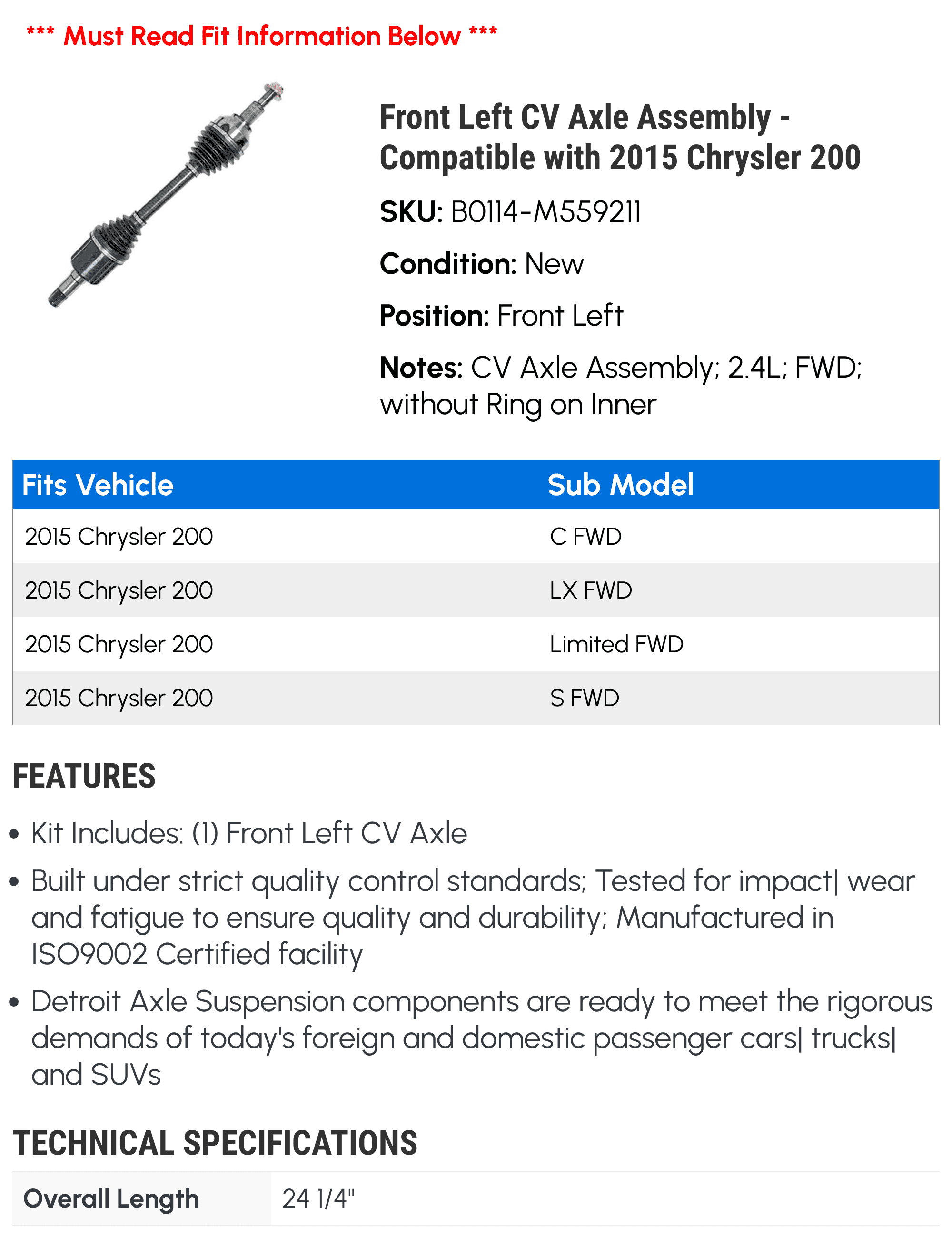 Front Left CV Axle Assembly - Compatible with 2015 Chrysler 200