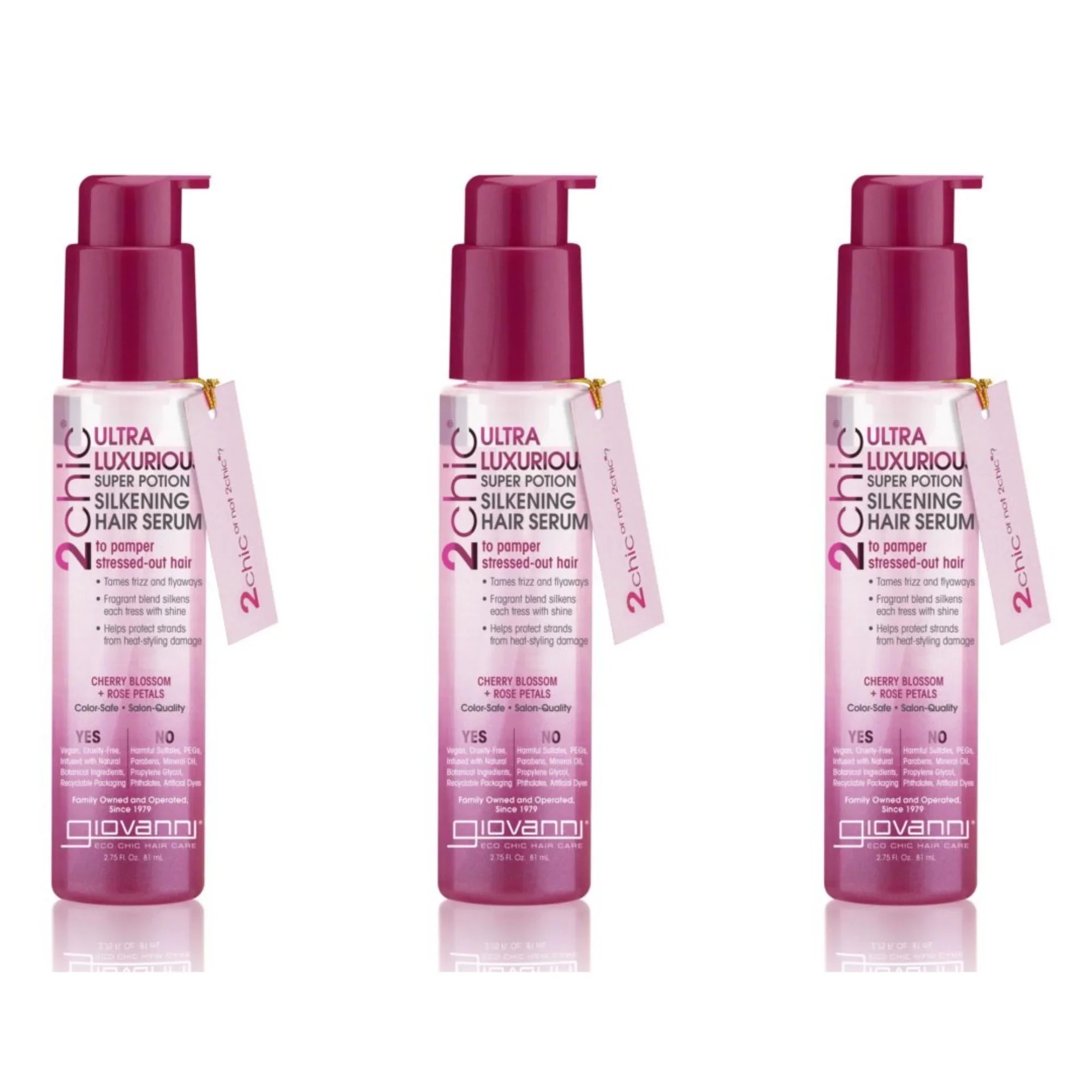 GIOVANNI 2chic Ultra Luxurious Super Potion Silkening Hair Serum, 4 oz. Cherry Blossom & Rose Petals, Aloe Vera, Pro-Vitamin B5, Smooths Curly & Wavy Hair, Paraben Free, Color Safe (Pack of 3)