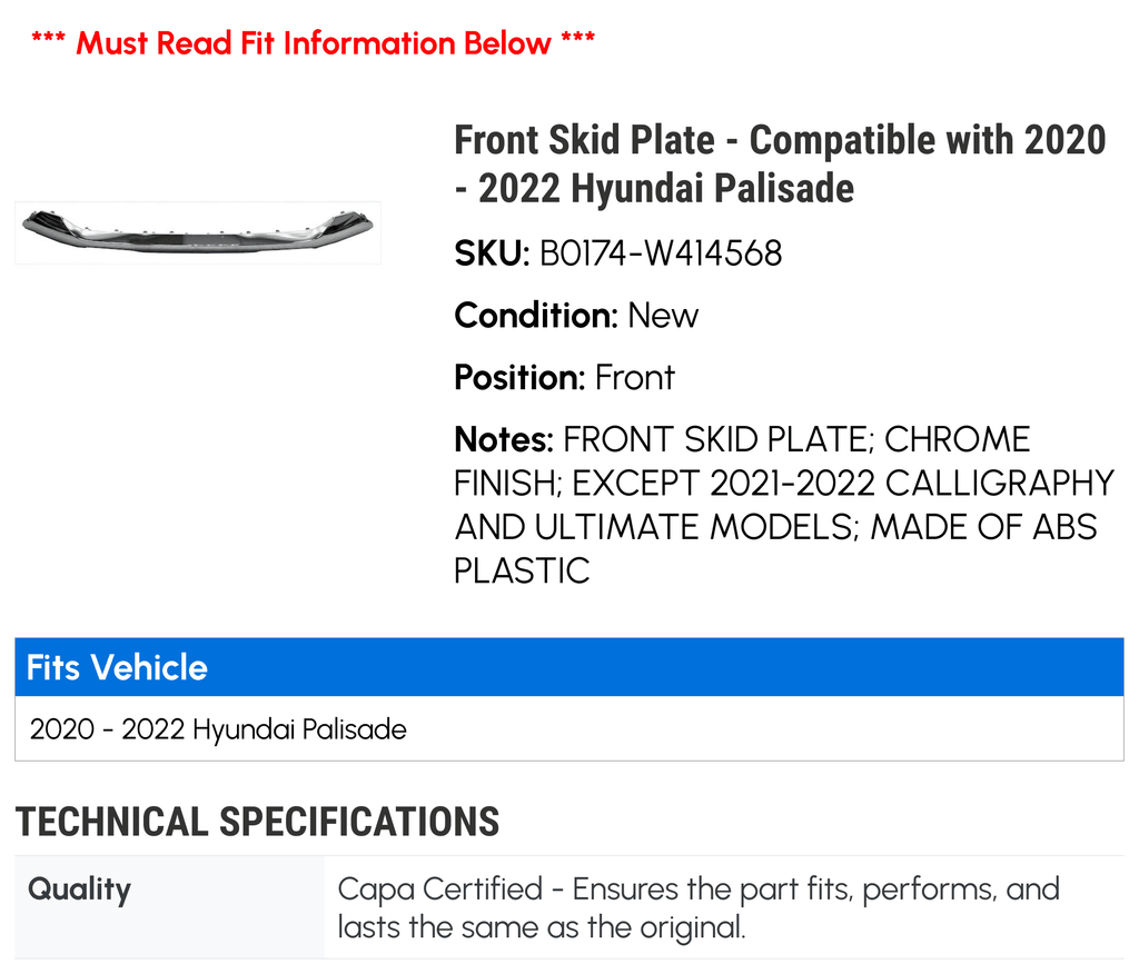 Front Skid PLatitudee - Compatible with 2020 - 2022 Hyundai Palisade 2021