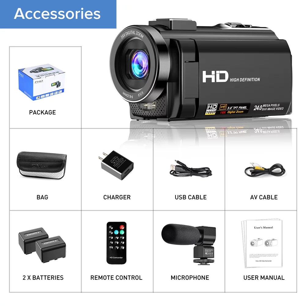 Video Camera Camcorder YouTube Vlogging Camera FHD 1080P 30FPS 24MP 16X Digital Zoom 3" LCD 270 Degrees Rotatable Screen Digital Camera Recorder with Microphone,Remote Control,2 Batteries