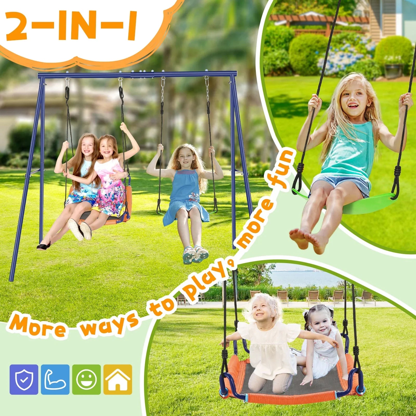 Qhomic 440lbs Swing Set for Backyards, 2-in-1 Outdoor Swing Set  with 1Saucer & 1Belt Swing Seat, Kids Swing Sets with Adjustable Swing Seat
