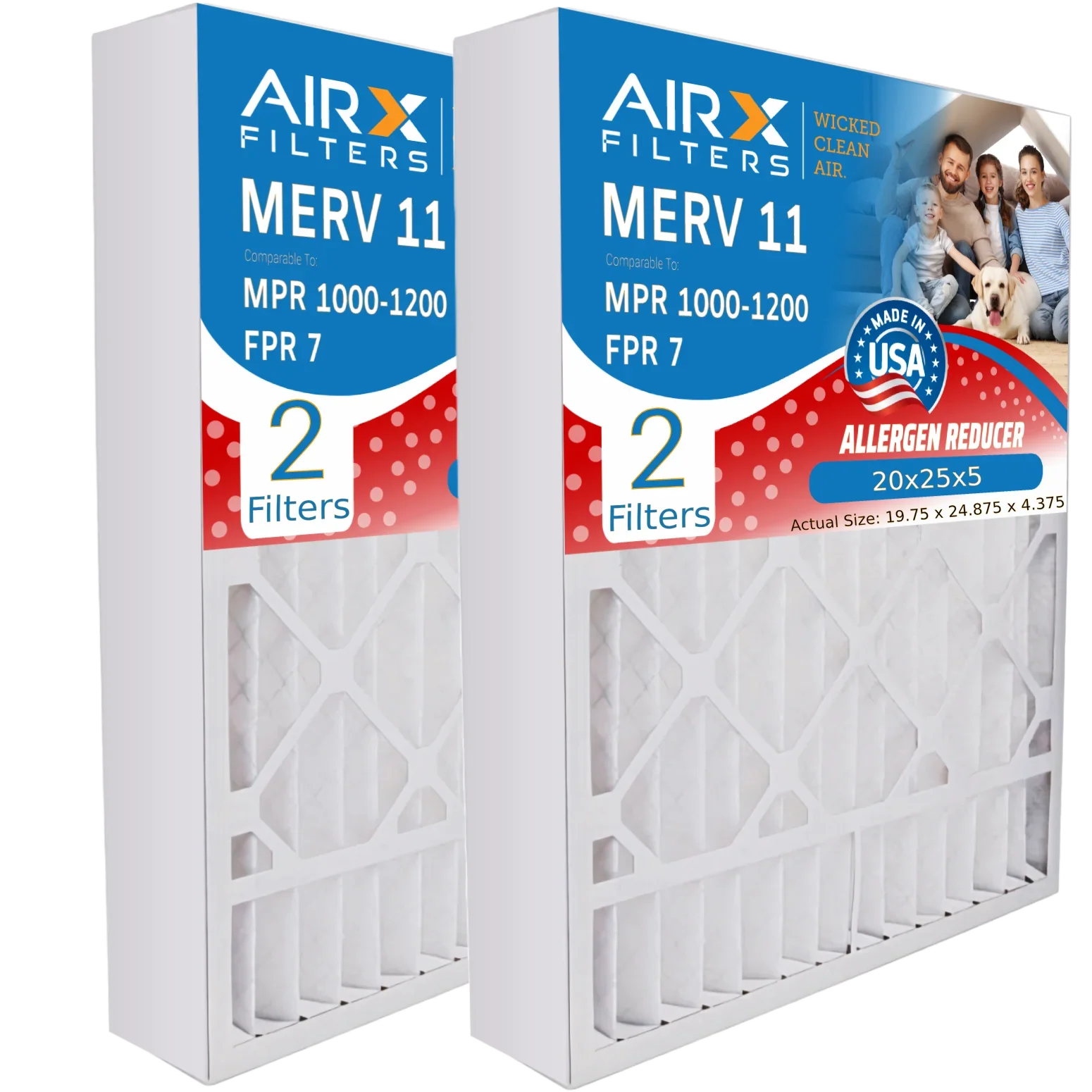20x25x5 Air Filter MERV 11 Comparable to MPR 1000, MPR 1200 & FPR 7 Compatible with Honeywell FC100A1037 Premium USA Made 20x25x5 Furnace Filter 2 Pack by AIRX FILTERS WICKED CLEAN AIR.
