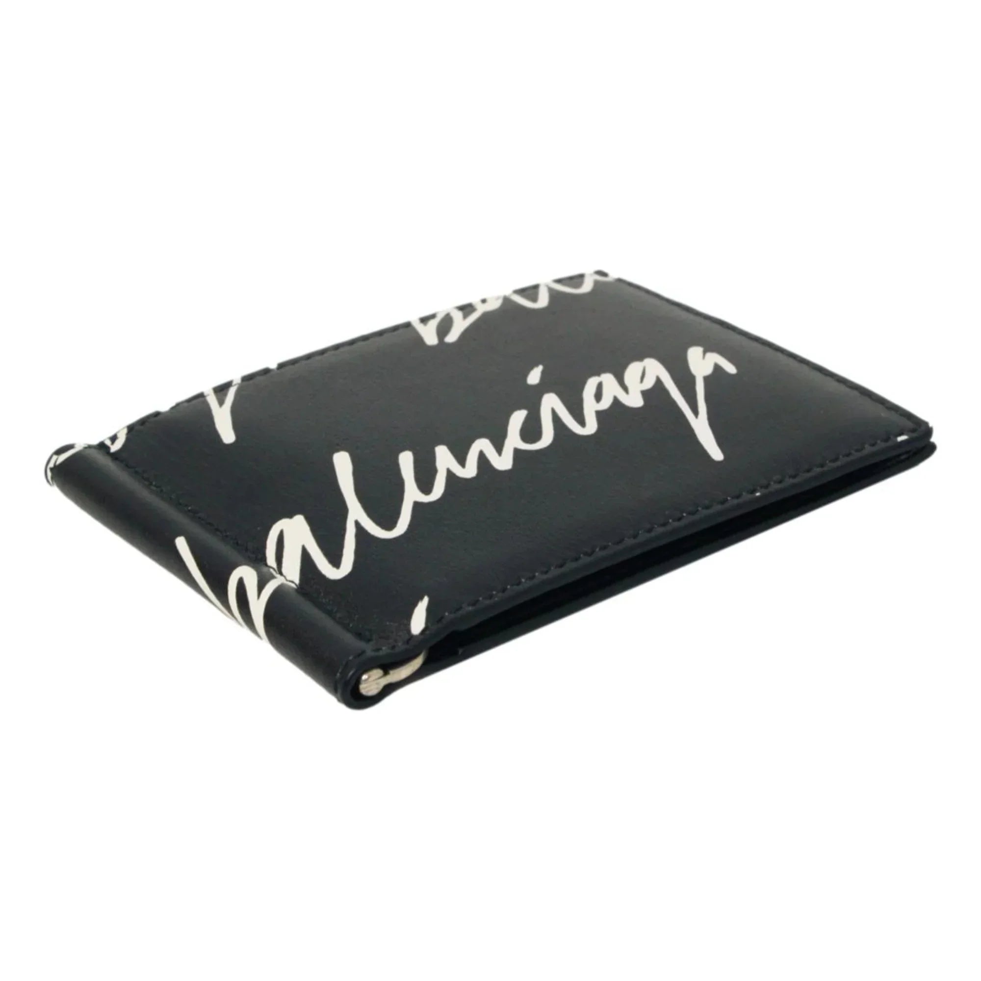 Balenciaga Cash Black Leather Scribble Logo Money Clip Wallet 625819