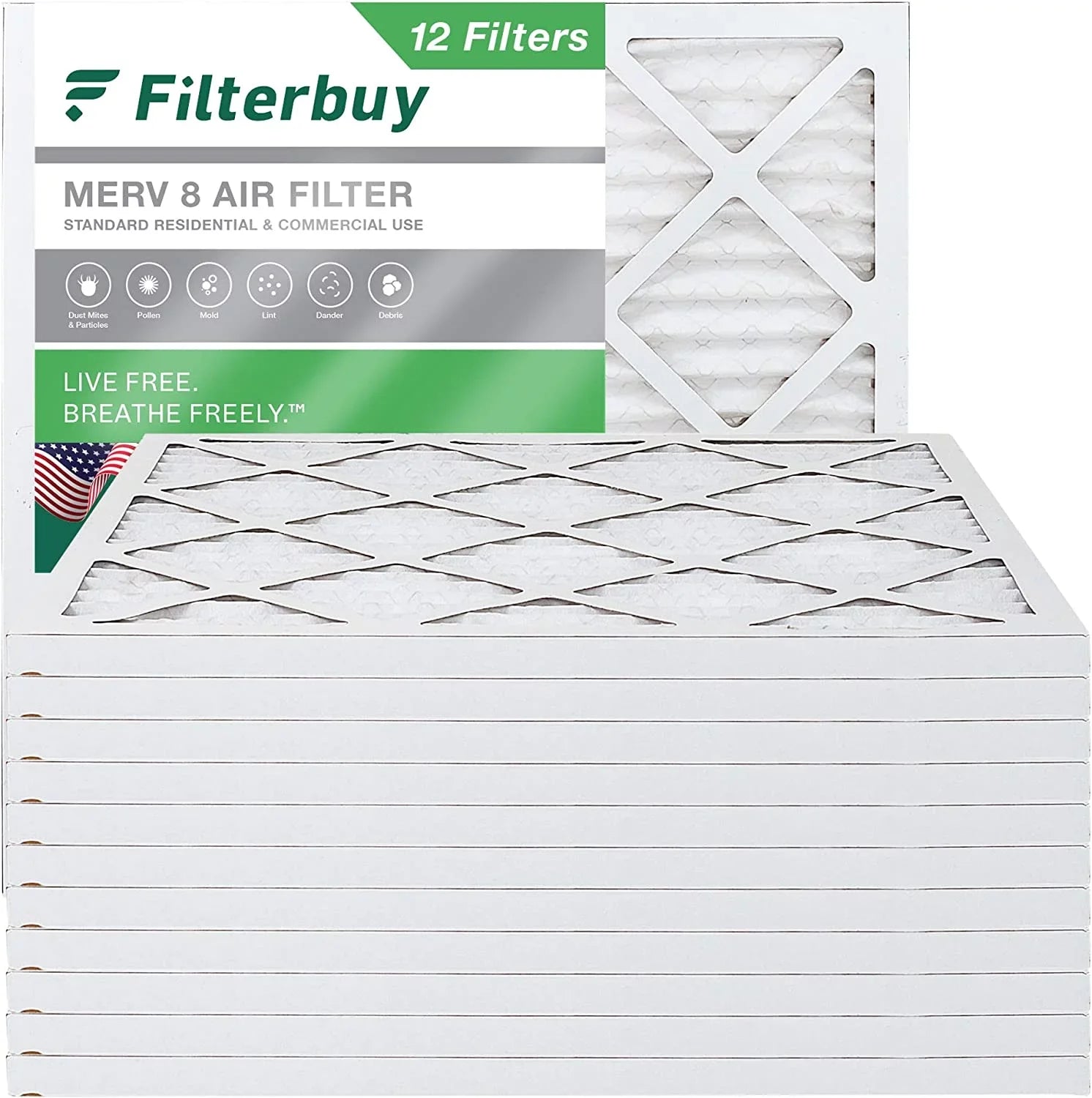 Filterbuy 25x25x1 MERV 8 Pleated HVAC AC Furnace Air Filters (12-Pack)