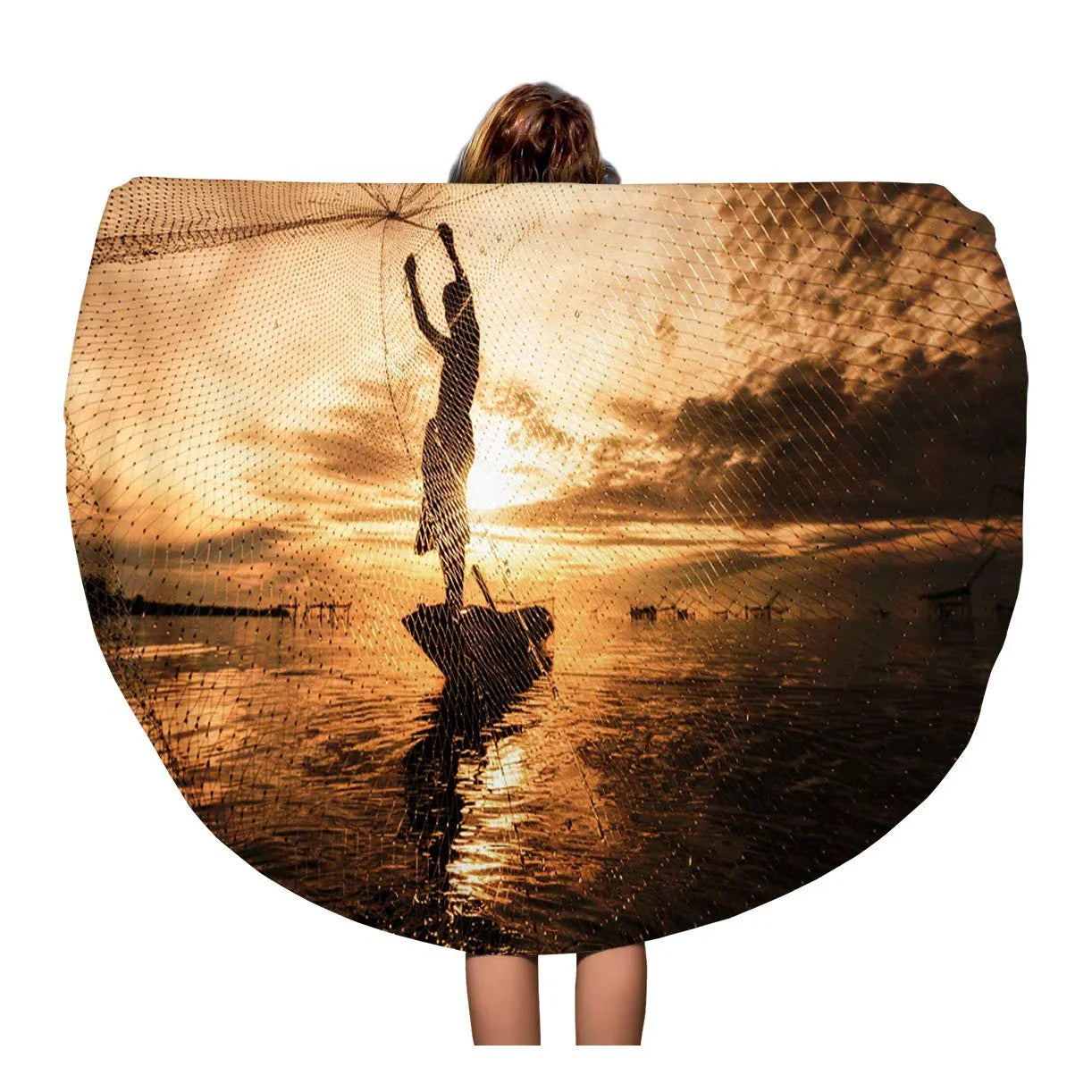 SIDONKU 60 inch Round Beach Towel Blanket Vietnam Silhouette Fisherman Fishing Nets Boat Thailand Lifestyle Cambodia Travel Circle Circular Towels Mat Tapestry Beach Throw