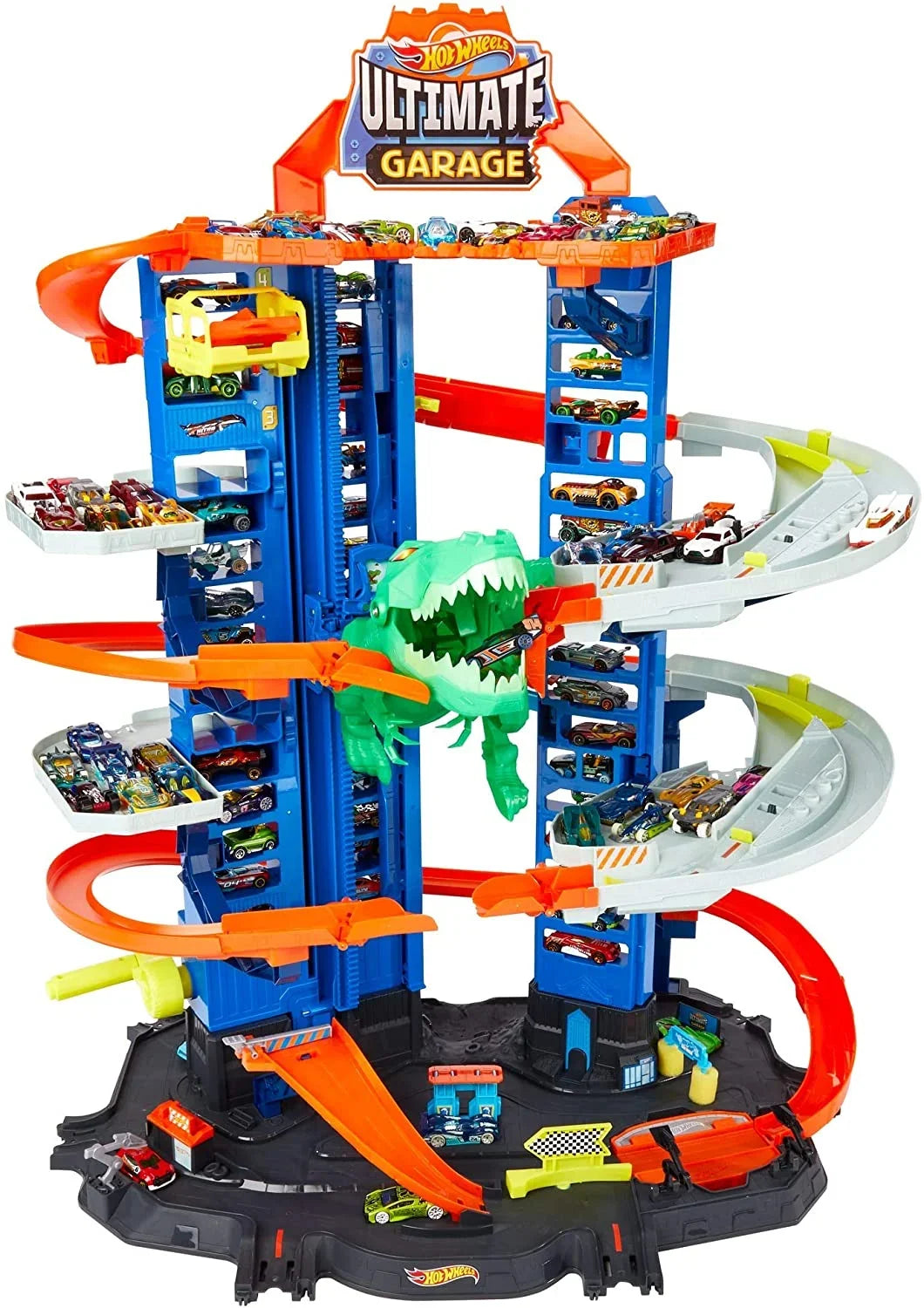Hot Wheels City Ultimate Garage Track Set with 2 Toy Cars, Garage Playset Features Multi-Level Racetrack, Moving T-Rex Dino & Storage for 100+ 1:64 Scale Vehicles, Toy Gift for Kids 3 Years & Older