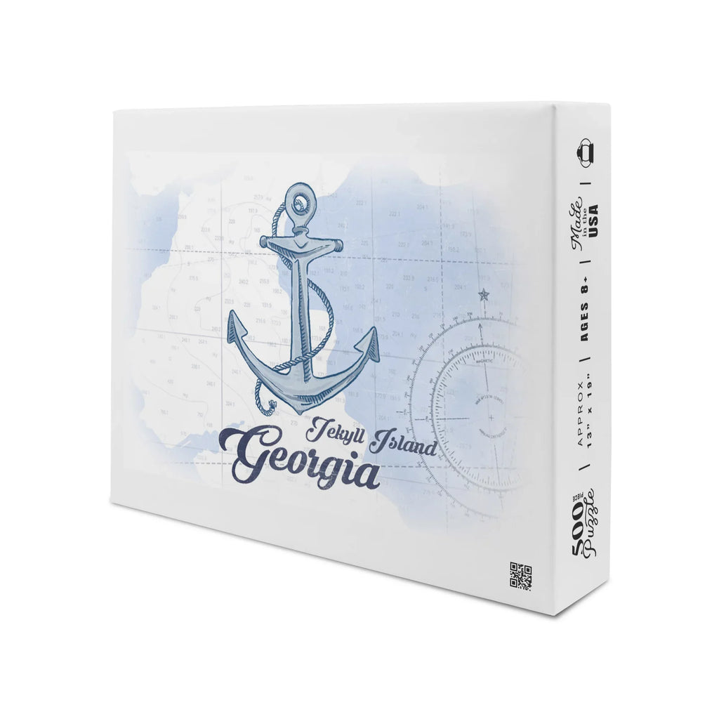 Jekyll Island, Georgia, Anchor, Blue, Coastal Icon (19x27 inches, Premium 500 Piece Jigsaw Puzzle for Adults and Family, Made in USA)
