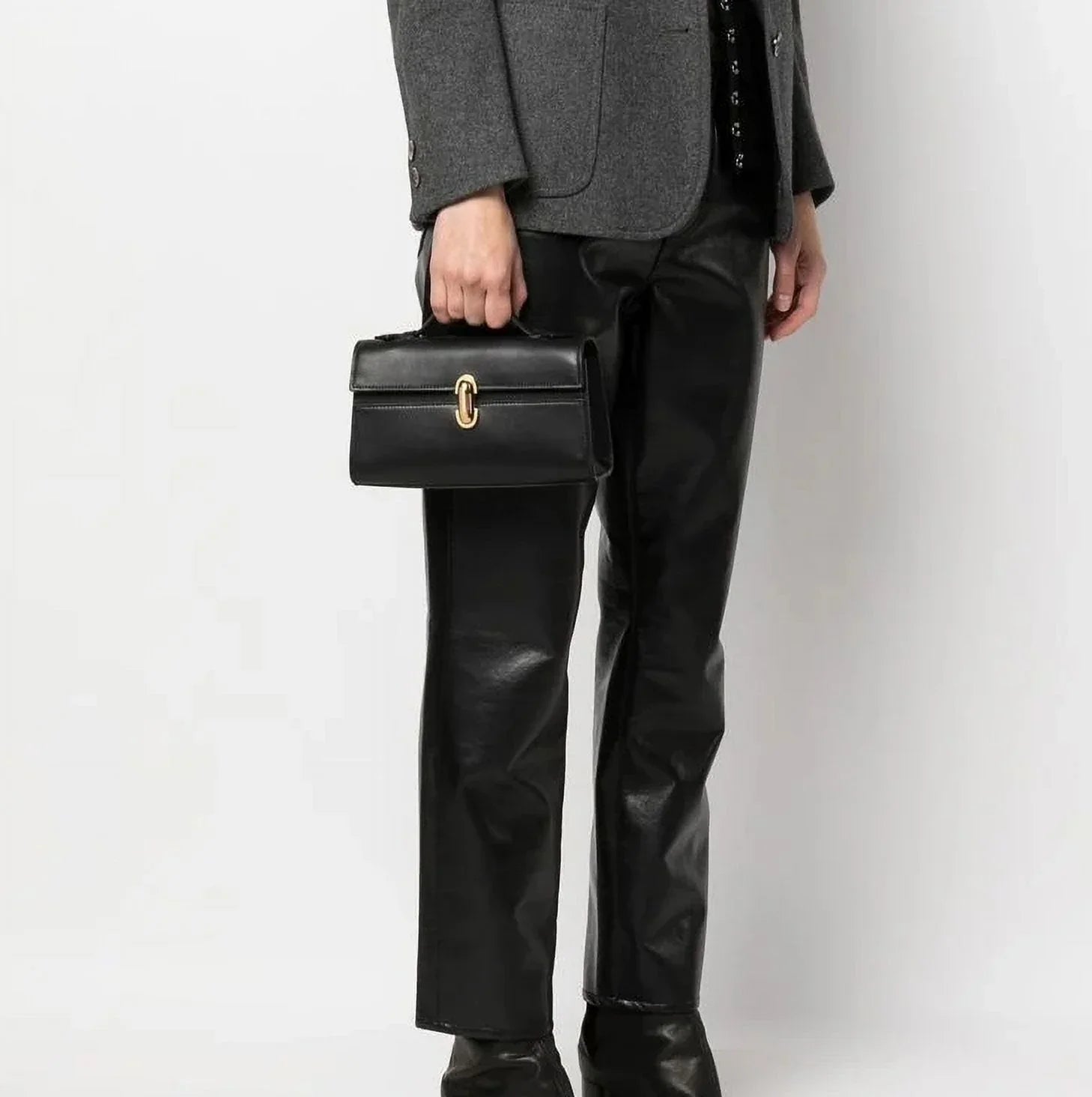Qi Partner Handbags for Women The Symmetry Leather Top Handle Pochette Bags in Black