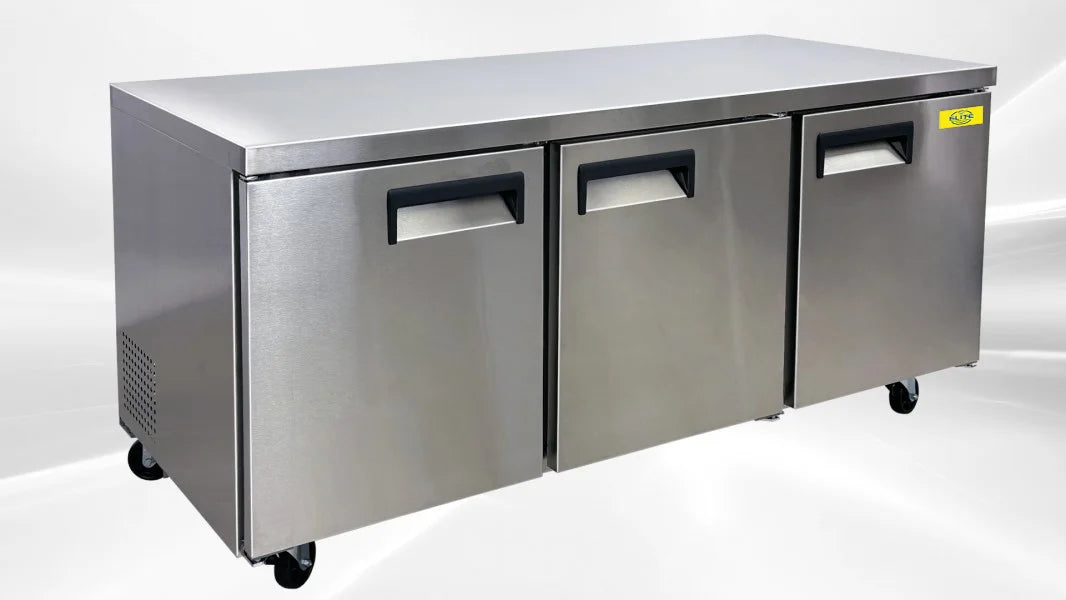 72 ins Commercial Three Door Undercounter Stainless Steel Refrigerator 15.5 Cu. ft.