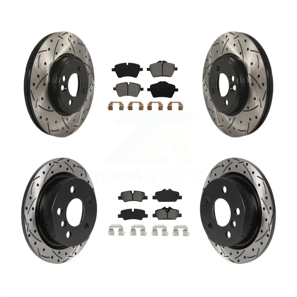 Transit Auto - Front Rear Coated Drilled Slotted Disc Brake Rotors And Semi-Metallic Pads Kit For 2015 Mini Cooper 2.0L 1.5L With 294mm Diameter Rotor KDS-100738