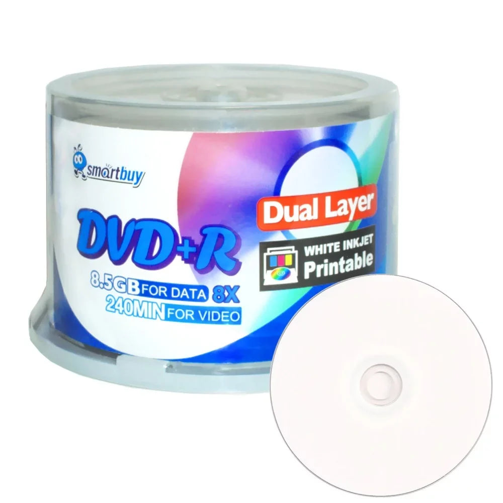 SmartBuy 50 Pack Dvd+r Dl 8.5gb 8x DVD Plus R Double Layer Printable White Inkjet Blank Data Recordable Media 50 Discs Spindle
