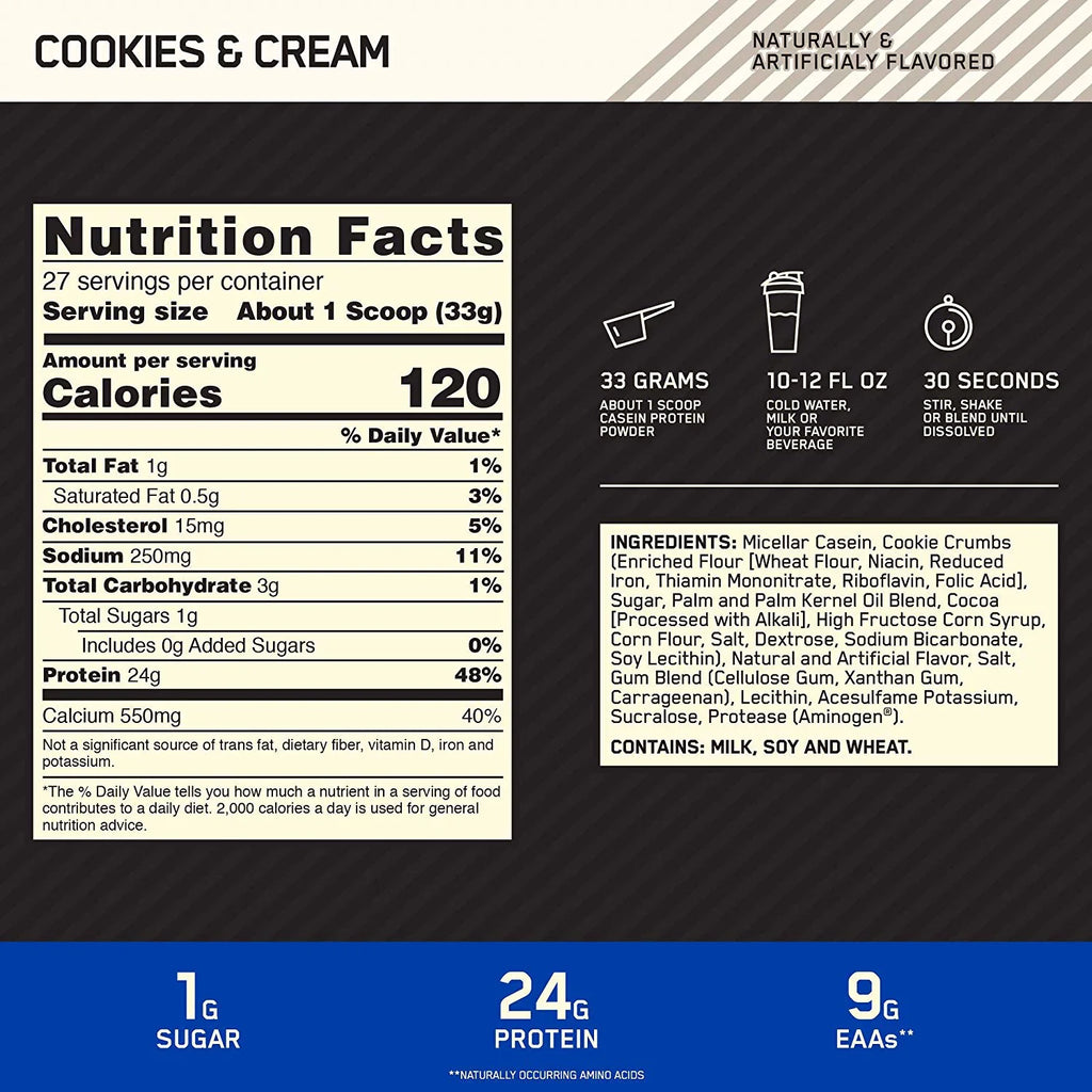 Optimum Nutrition, Gold Standard 100% Casein, 24 g Protein Powder, Cookies & Cream, 1.81 lbs, 27 Servings