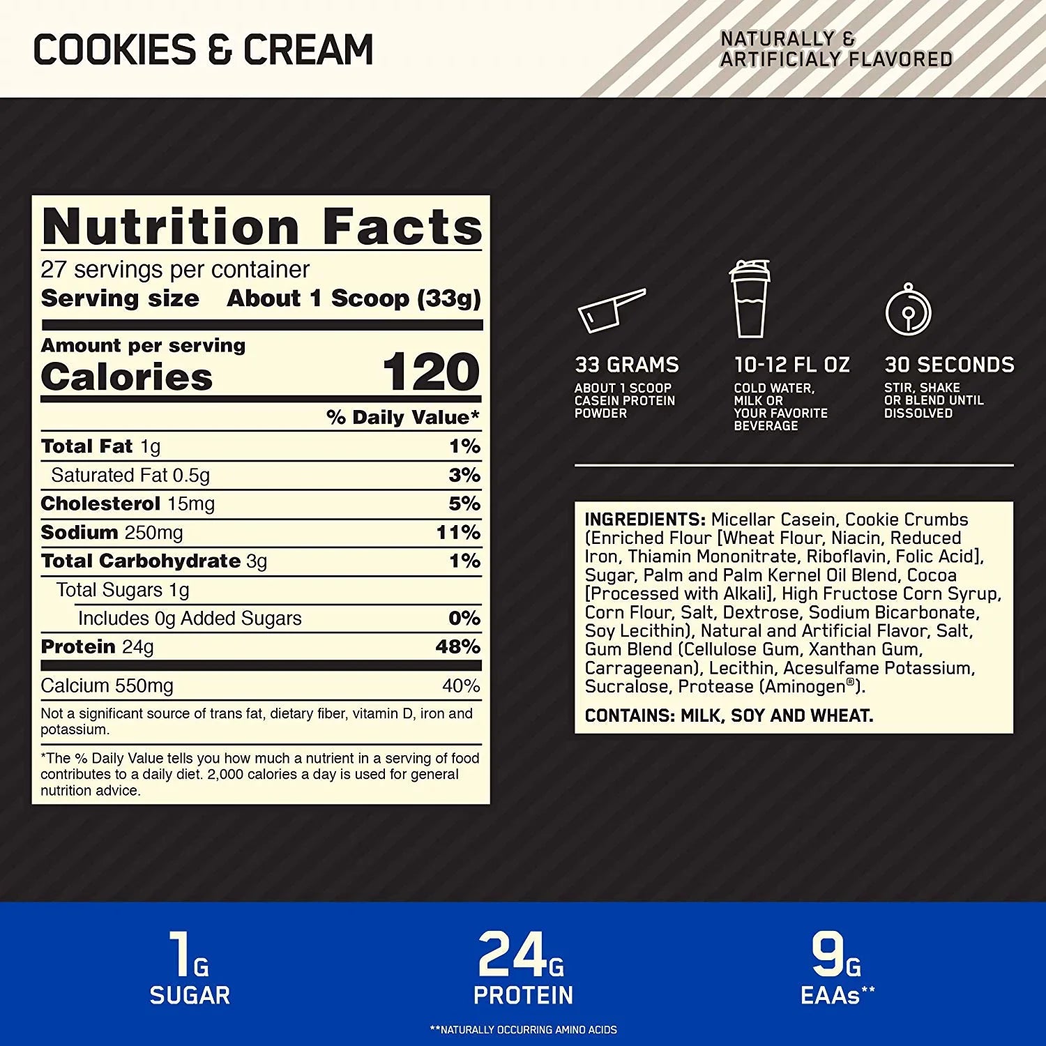 Optimum Nutrition, Gold Standard 100% Casein, 24 g Protein Powder, Cookies & Cream, 1.81 lbs, 27 Servings