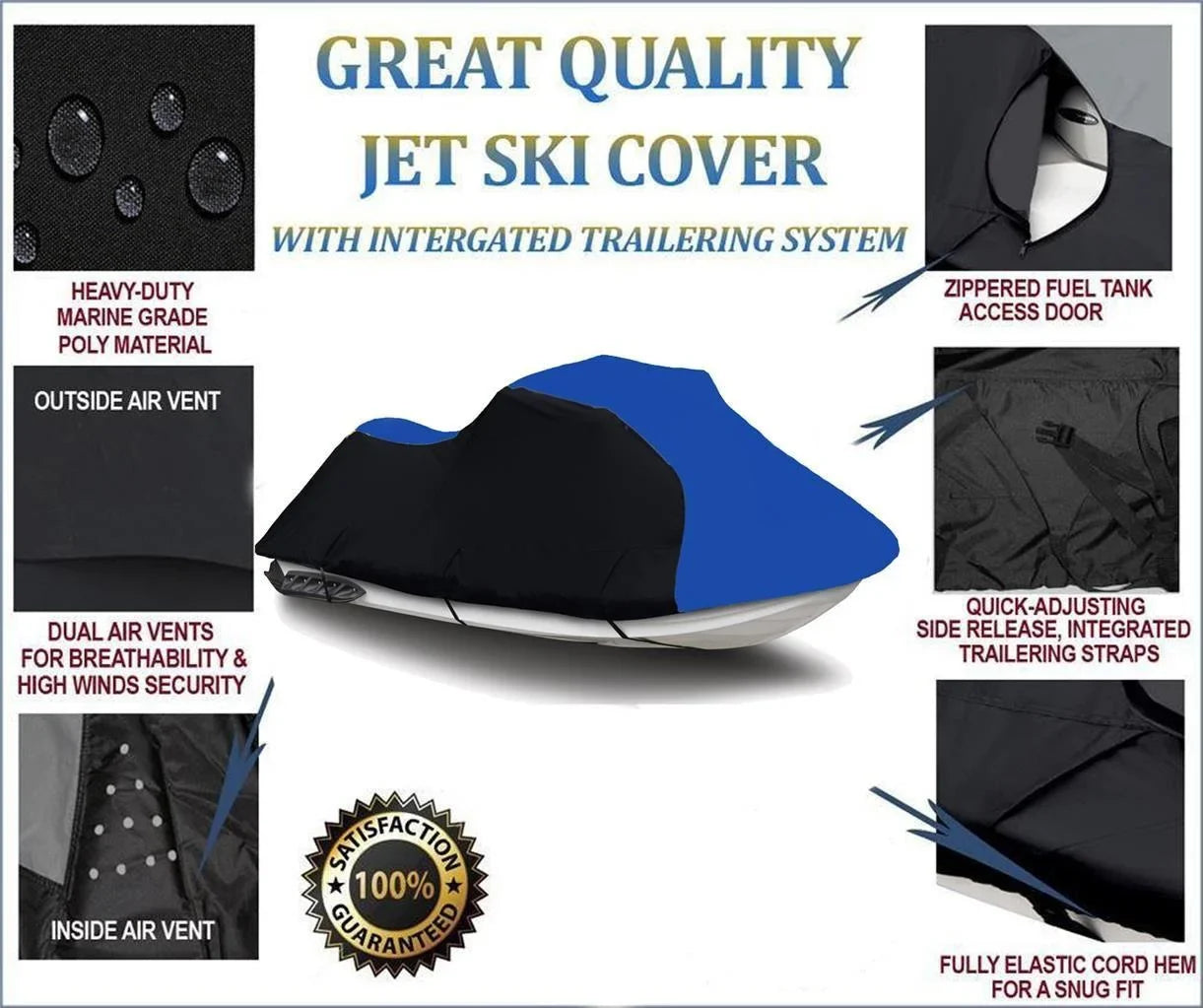 BLACK / BLUE HEAVY-DUTY, 600 DENIER Cover Compatible for Polaris Pro 785 1999 2000 / Pro 1200 2000 2001 Jet Ski Trailerable Cover 1-2 Seater