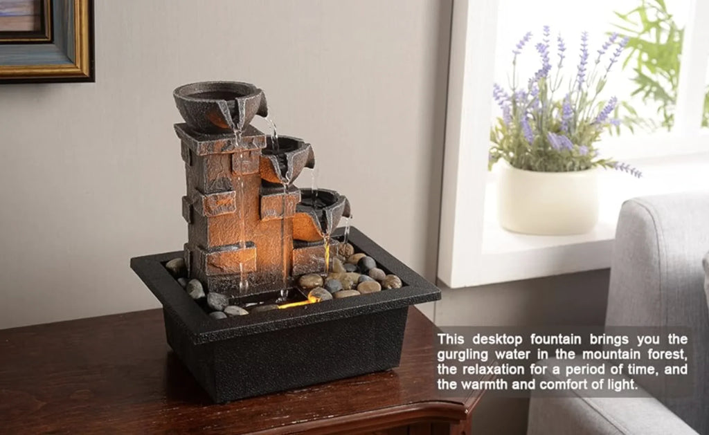GOSSI Home Décor Imitation 3-Tier Stone Wall Tabletop Fountain Many Natural River Rock Office Relaxing Waterfall Meditation Tabletop Fountain LED Lights Fountain(22070)