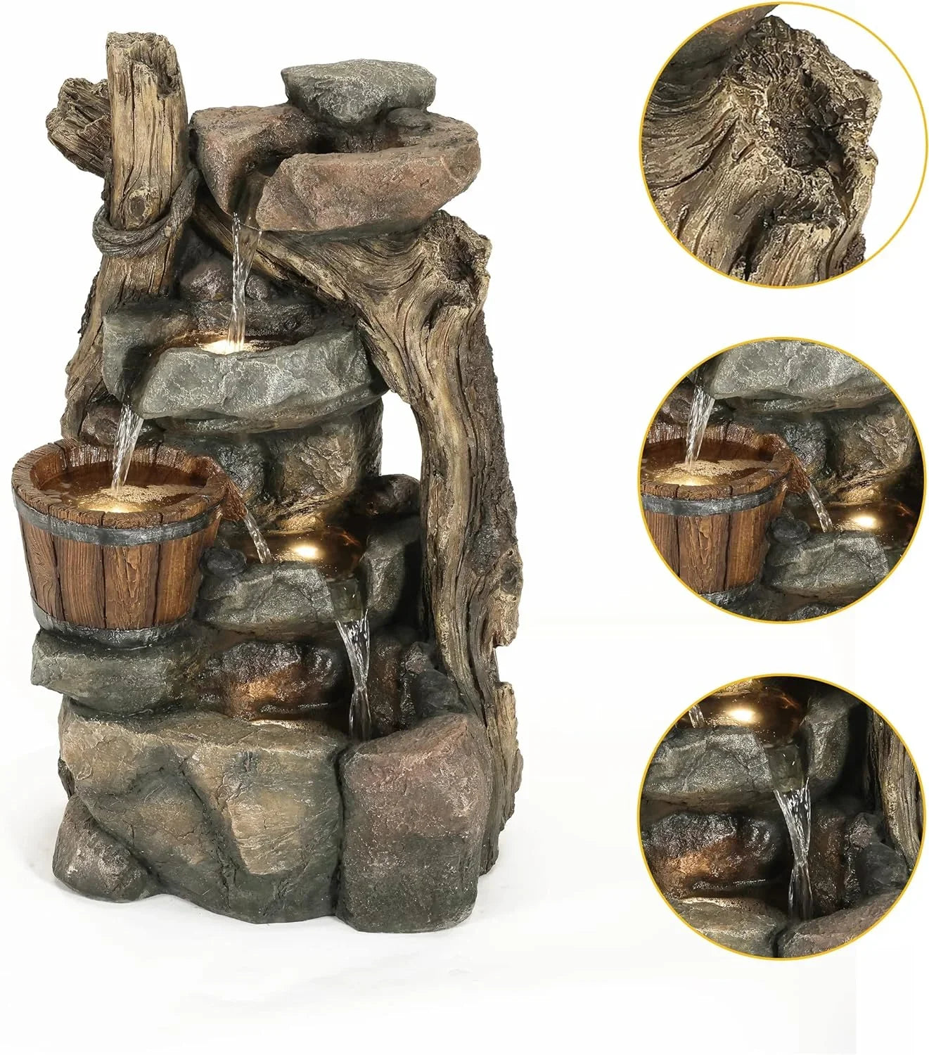 Resin Stacked Rock Wall And Barrel Outdoor Fountain With LED Lights