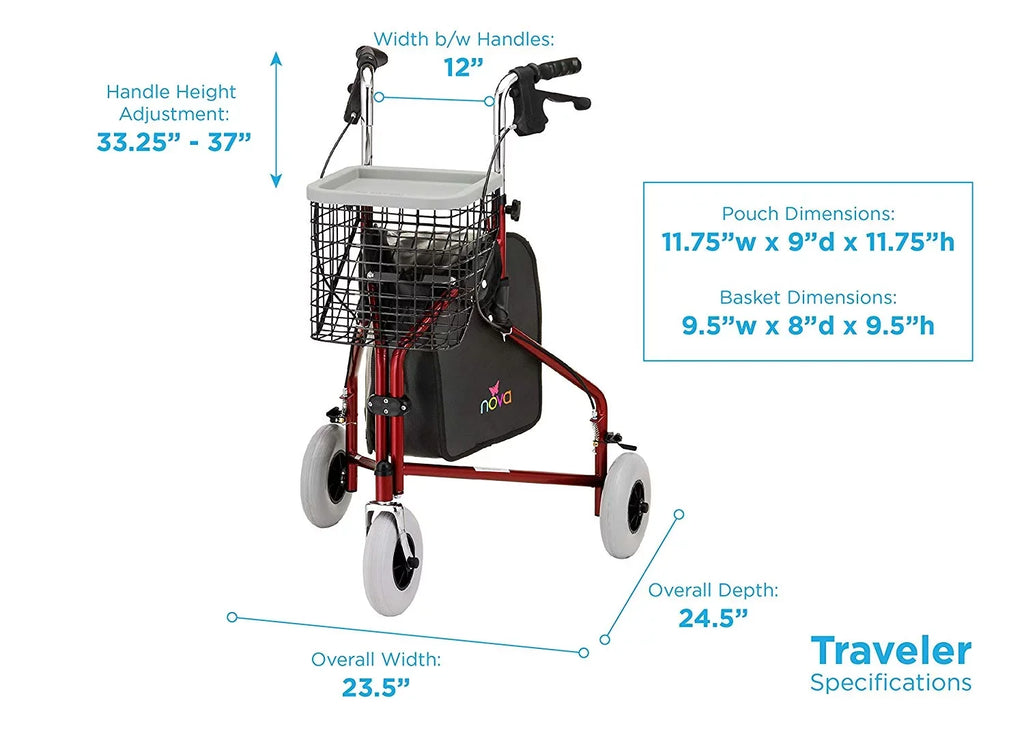 NOVA Traveler 3 Wheel RolLatitudeor Walker, All Terrain 8” Wheels, Includes Bag, Basket and Tray, Black