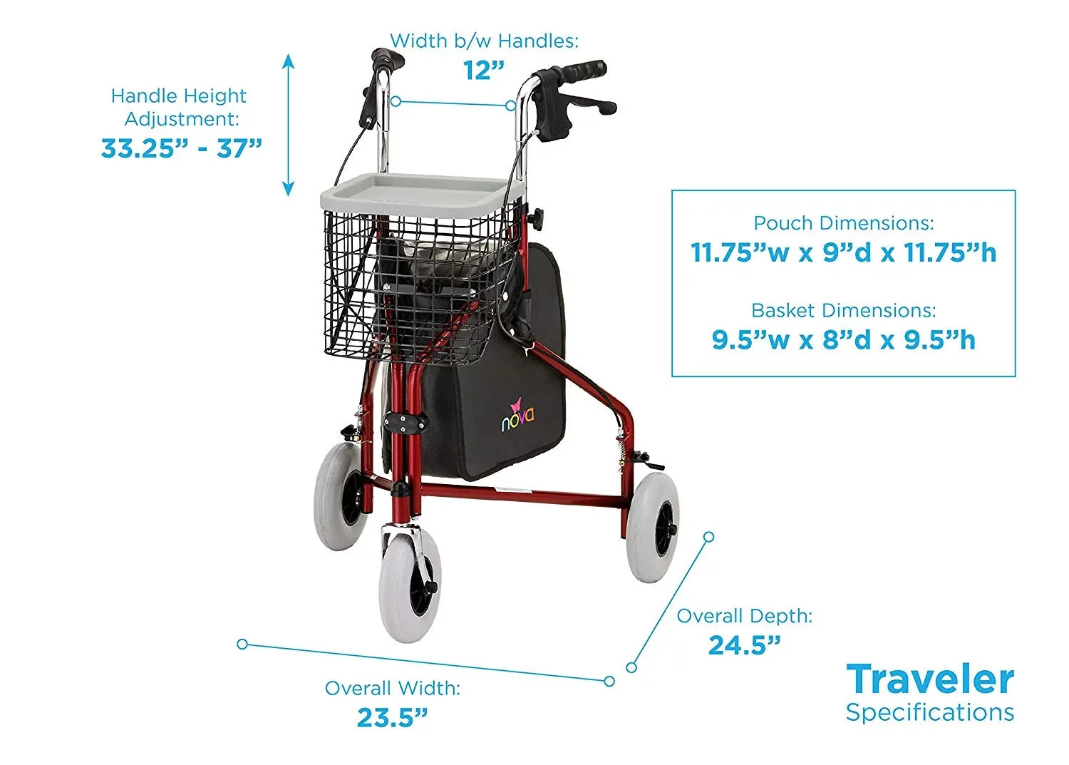 NOVA Traveler 3 Wheel RolLatitudeor Walker, All Terrain 8” Wheels, Includes Bag, Basket and Tray, Black