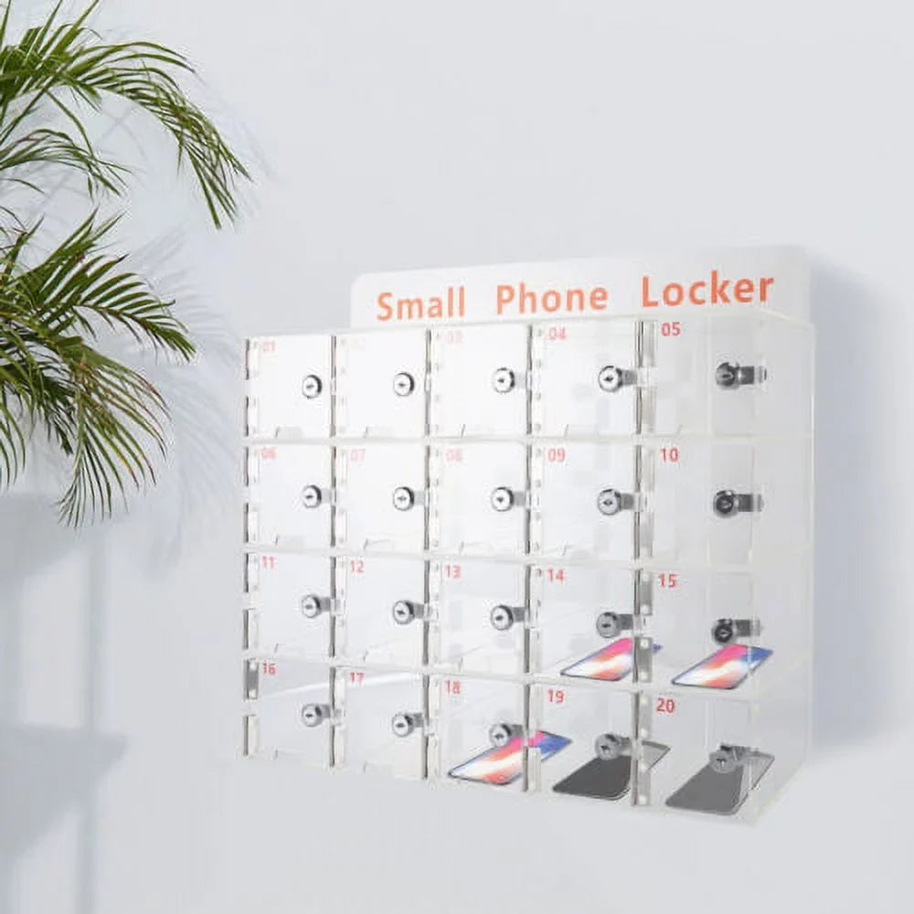 20 Slots Thickened Acrylic Cellphone Locker Clear Cell Phone Storage Box w/ Keys