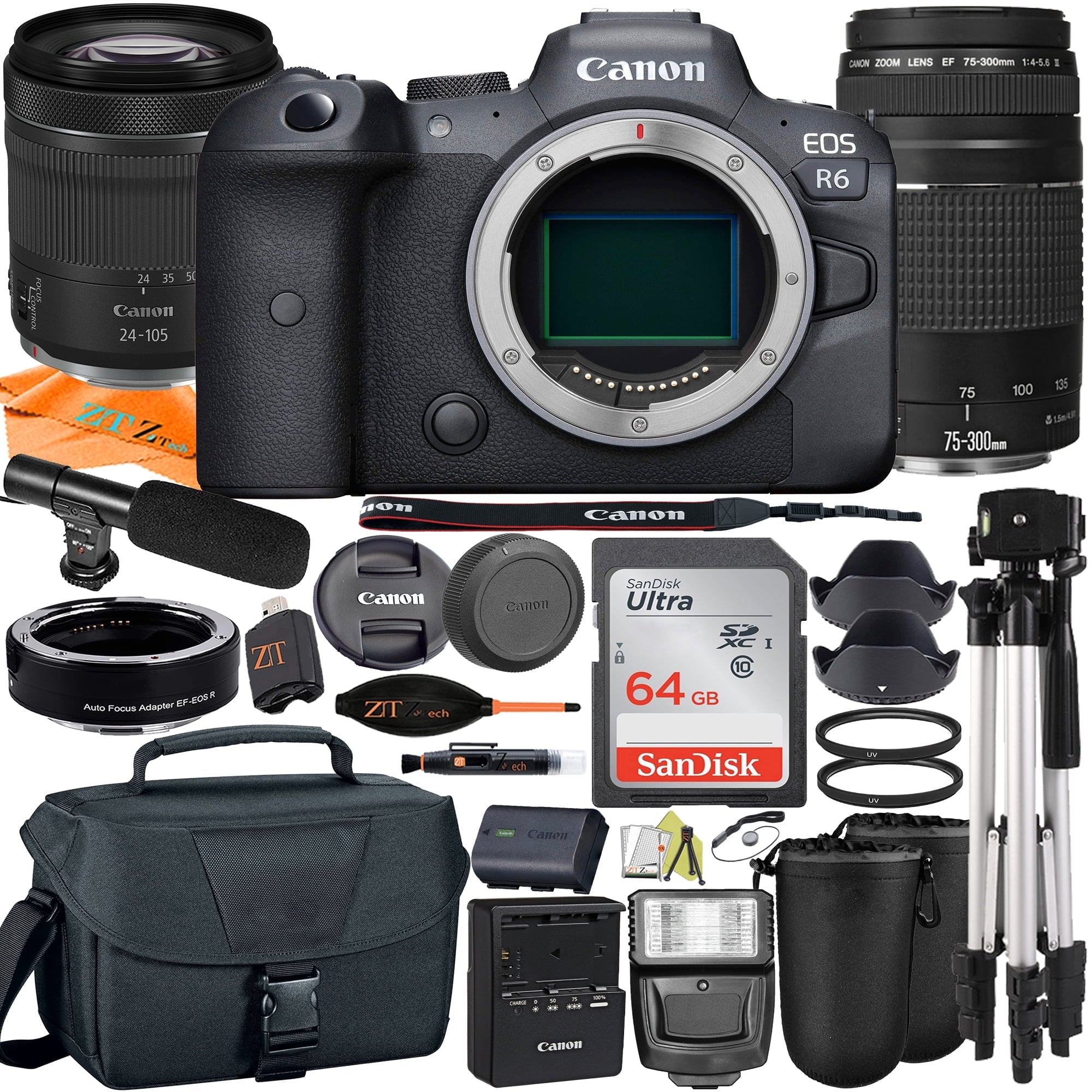 Canon EOS R6 Mirrorless Digital Camera with RF 24-105mm STM + 75-300mm Lens + Mount Adapter + SanDisk 64GB + ZeeTech Accessory