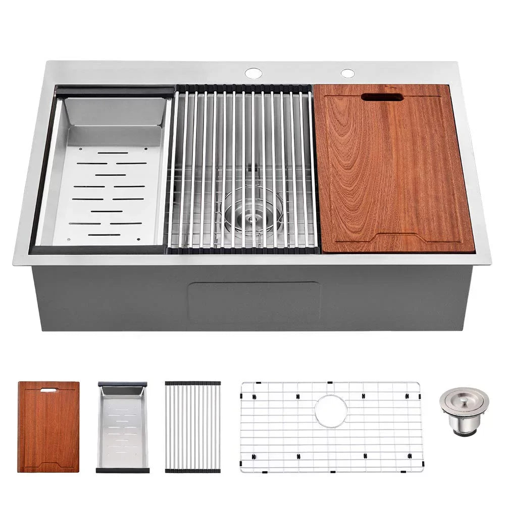 PROOX 30'' Single Bowl Stainless Steel Drop-In Kitchen Sink with 2 Faucet Holes
