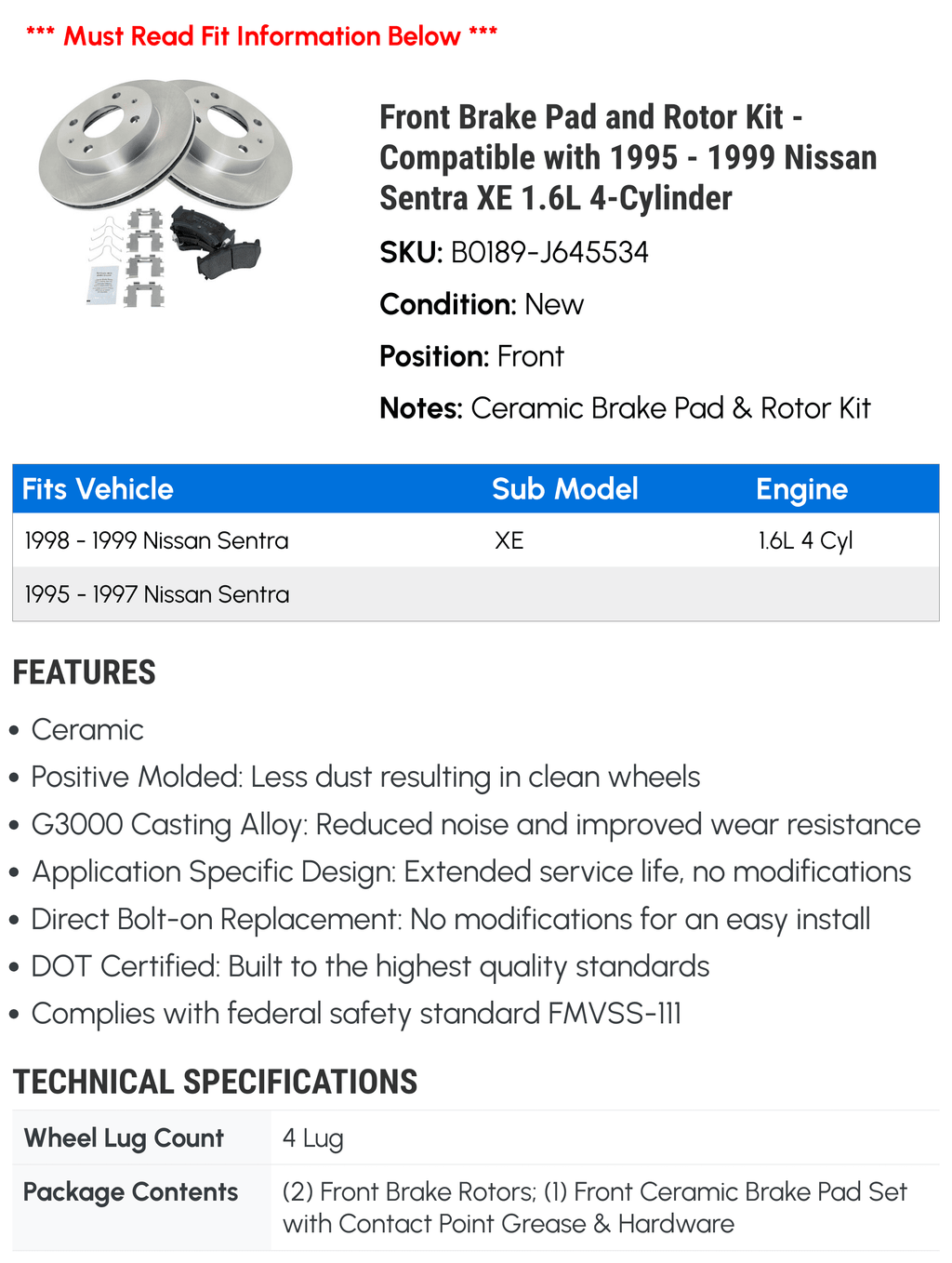 Front Brake Pad and Rotor Kit - Compatible with 1995 - 1999 Nissan Sentra XE 1.6L 4-Cylinder 1996 1997 1998