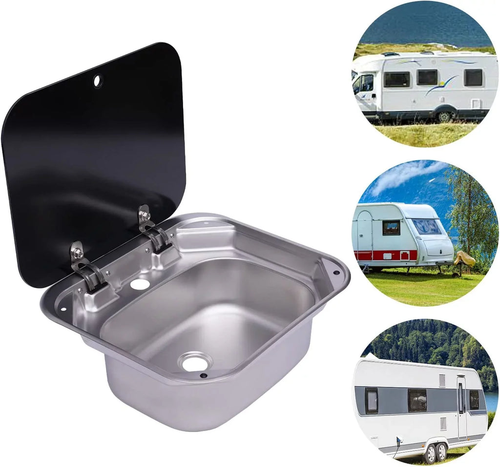 Miumaeov RV Kitchen Sink Stainless Steel Hand Wash Basin Sink With Tempered Glass Lid Outdoor RV Single Bowl Hand Wash Basin Sink For Caravan, Camper And Kitchen