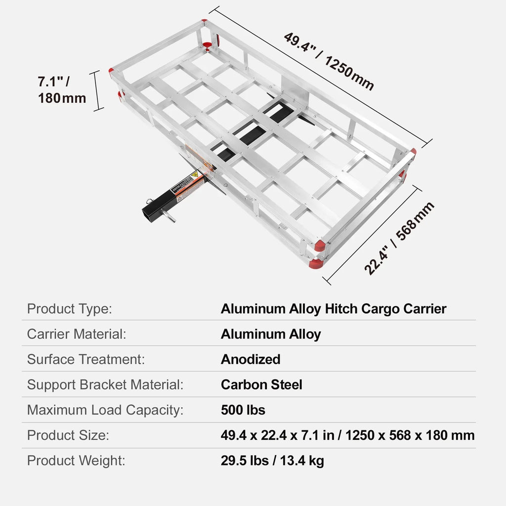 SKYSHALO 500lb Hitch Mount Cargo Carrier 47 x 20 x 6 in Aluminum For 2" Receiver