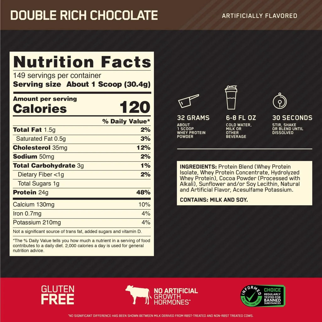 Optimum Nutrition, Gold Standard 100% Whey Protein Powder, Double Rich ChocoLatitudee, 10 lb, 149 Servings