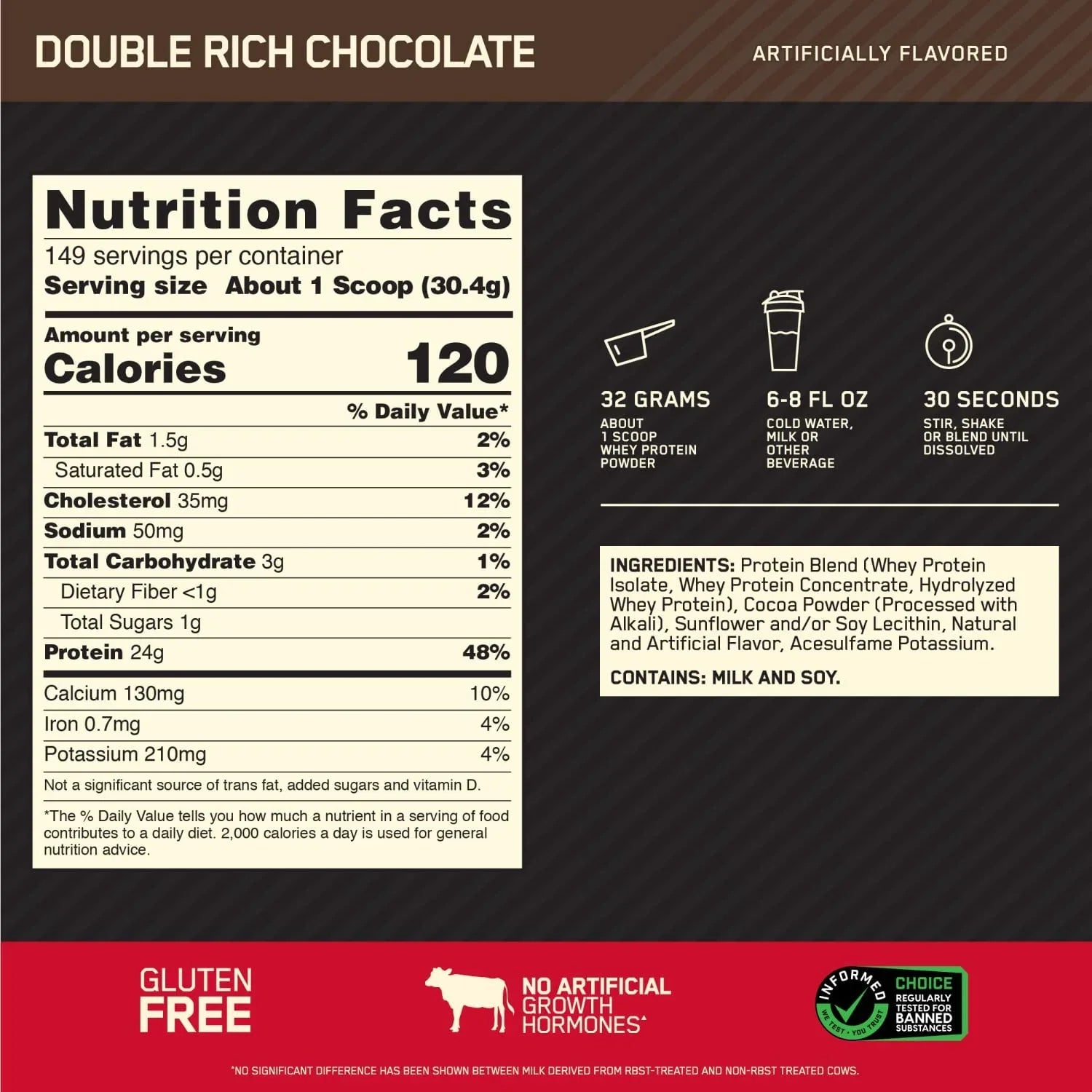 Optimum Nutrition, Gold Standard 100% Whey Protein Powder, Double Rich ChocoLatitudee, 10 lb, 149 Servings