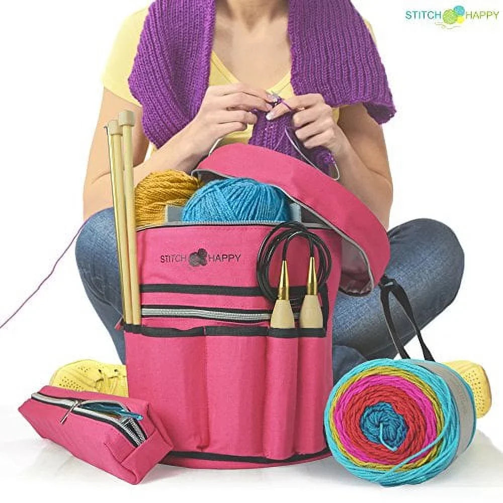 Knitting Bag - Yarn Tote Organizer w/Tool Case, 7 Pockets + Divider for Extra Storage of Projects, Supplies & Crochet (Fuchsia) by Stitch Happy