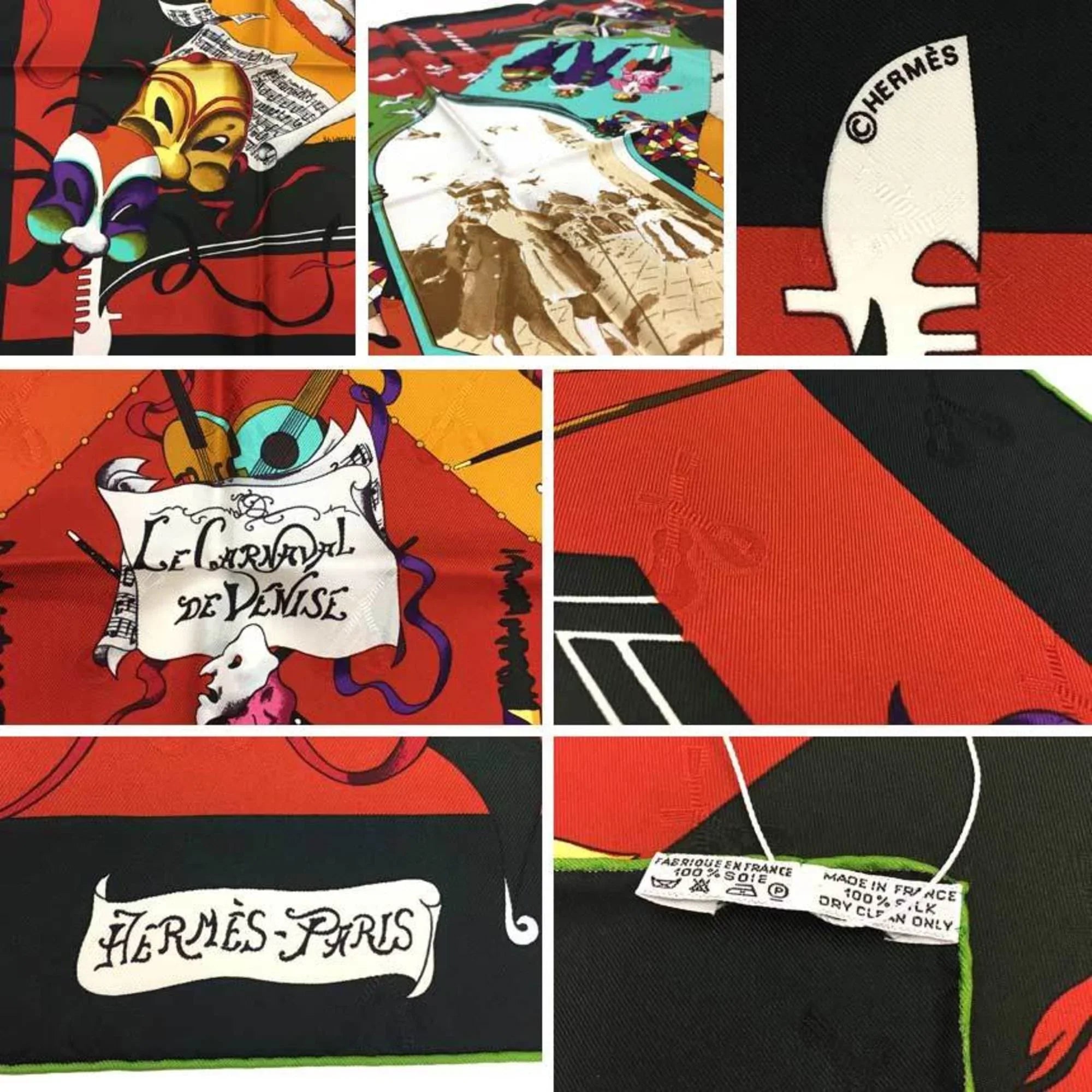 Pre-Owned HERMES Carre 90 Scarf Muffler LE CARNAVAL DE VENISE Venice Carnival Moss Green x Orange Hermes Silk aq7392 (Like New)