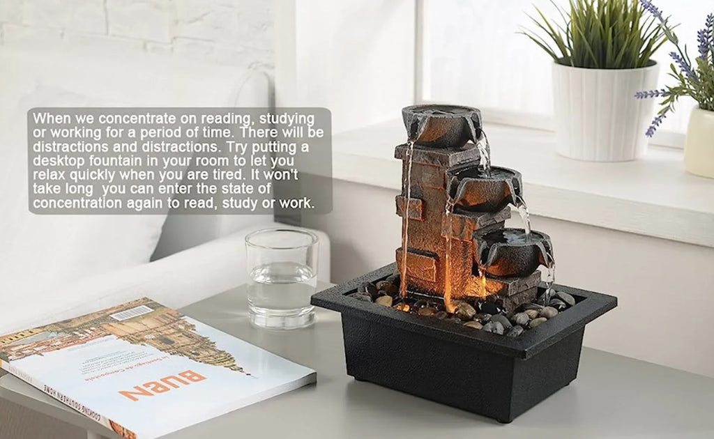 GOSSI Home Décor Imitation 3-Tier Stone Wall Tabletop Fountain Many Natural River Rock Office Relaxing Waterfall Meditation Tabletop Fountain LED Lights Fountain(22070)