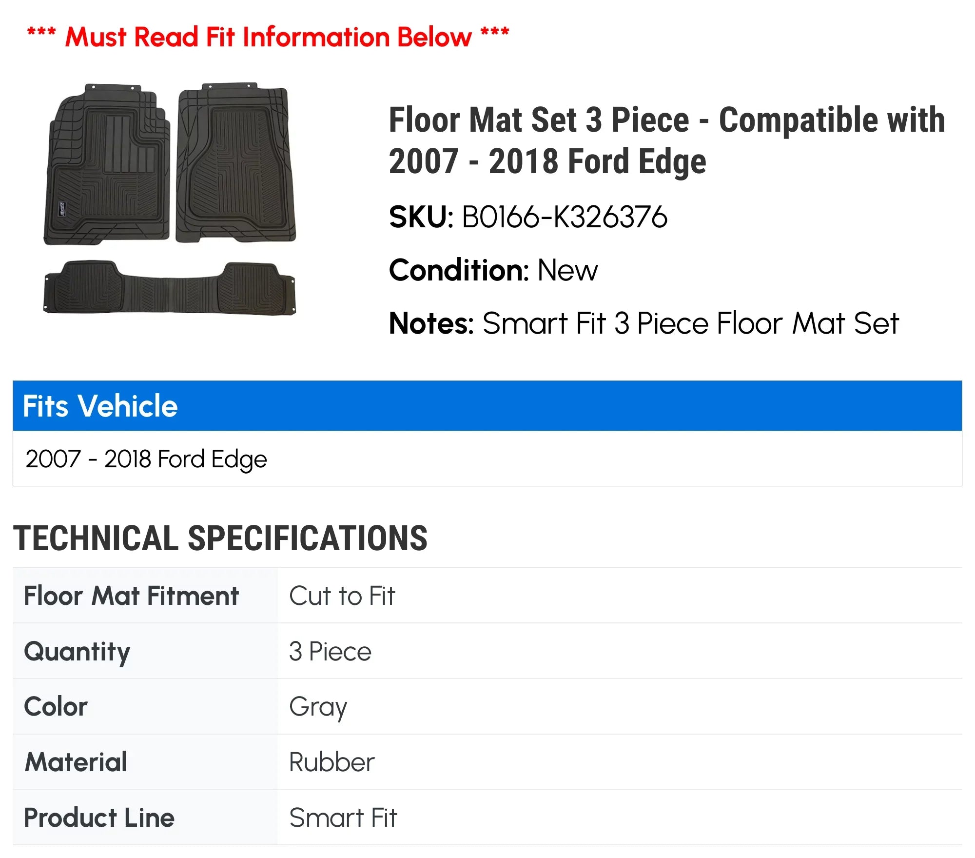 Floor Mat Set 3 Piece - Compatible with 2007 - 2018 Ford Edge 2008 2009 2010 2011 2012 2013 2014 2015 2016 2017