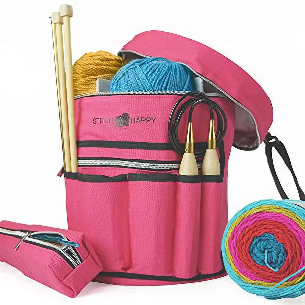 Knitting Bag - Yarn Tote Organizer w/Tool Case, 7 Pockets + Divider for Extra Storage of Projects, Supplies & Crochet (Fuchsia) by Stitch Happy