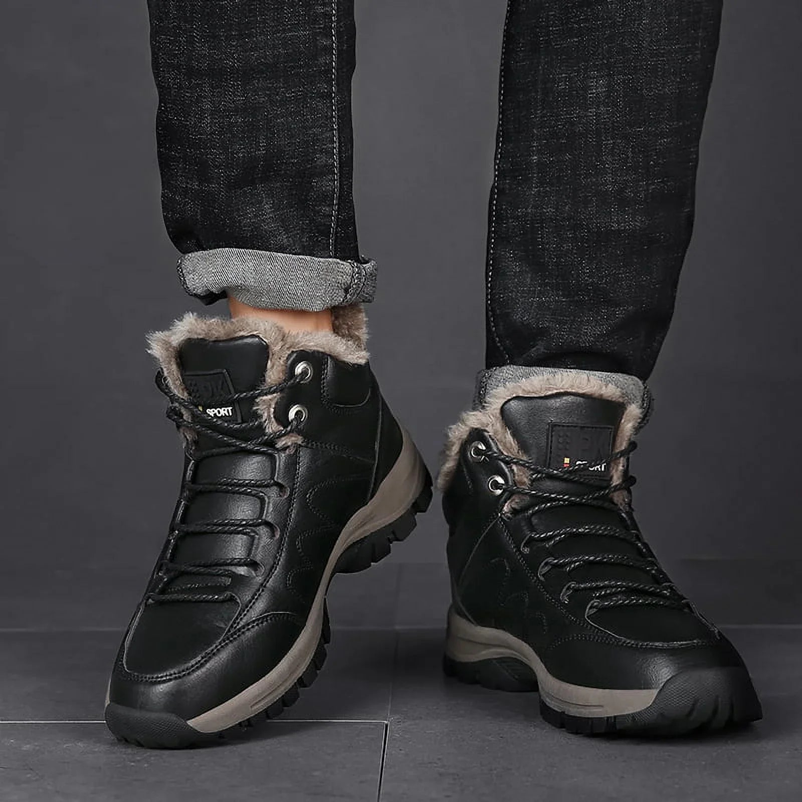 Lopsie Men's Snow Boots Waterproof Genuine Leather Hiking Outdoor Work Boots Black/Brown Size 11