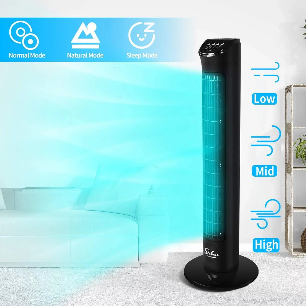 Simple Deluxe 32"Tower Fan with Remote, 90° OscilLatitudeing Fan with 4 Speeds, Bladeless Fan, Standing Floor Fans, Black