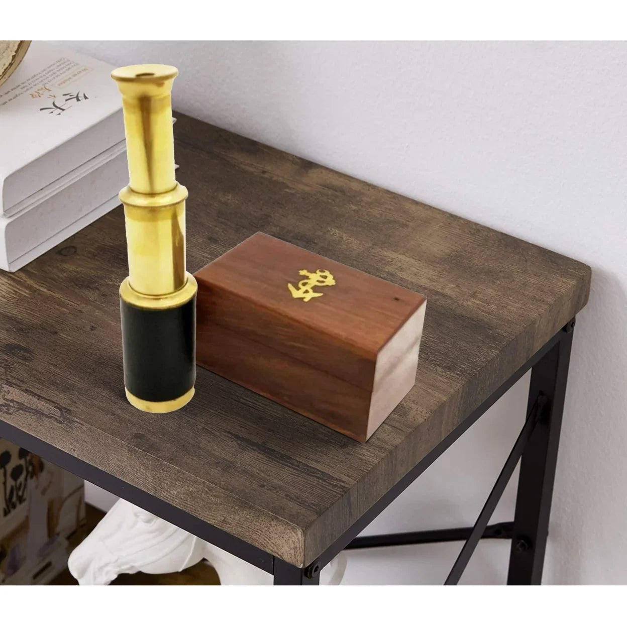Small Brass Telescope with Pullout Wooden Box Gold and Brown - Saltoro Sherpi