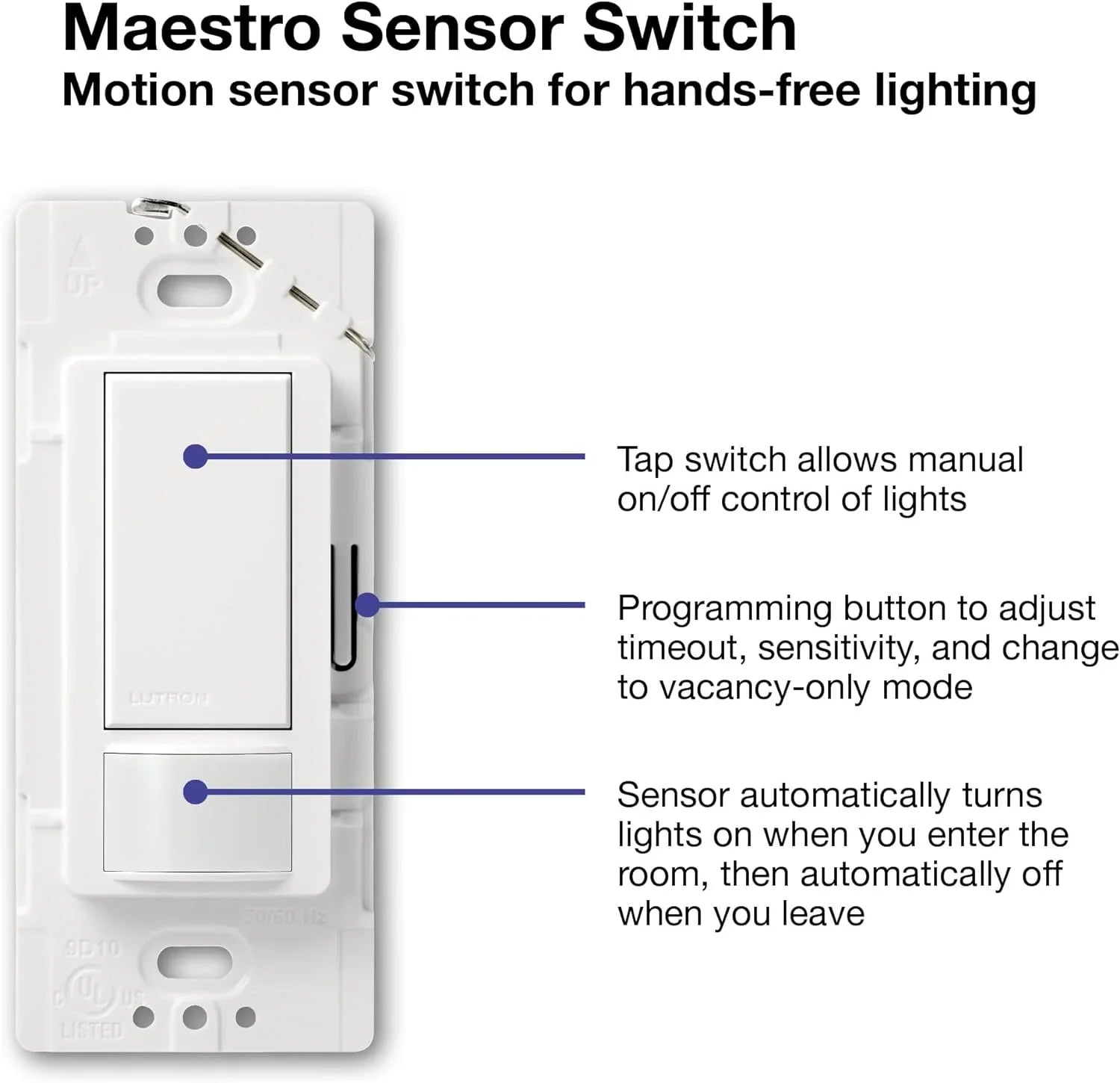 lutron maestro sensor switch (2-pack), 2a, no neutral required, single-pole, ms-ops2-wh, white