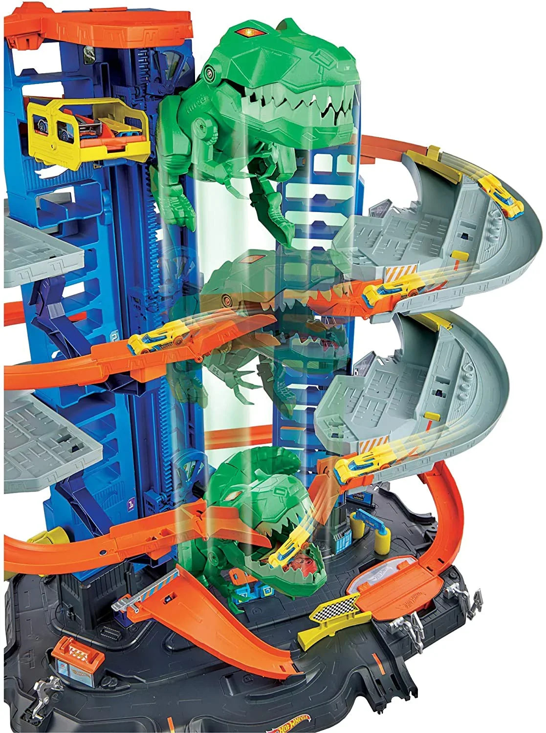Hot Wheels City Ultimate Garage Track Set with 2 Toy Cars, Garage Playset Features Multi-Level Racetrack, Moving T-Rex Dino & Storage for 100+ 1:64 Scale Vehicles, Toy Gift for Kids 3 Years & Older