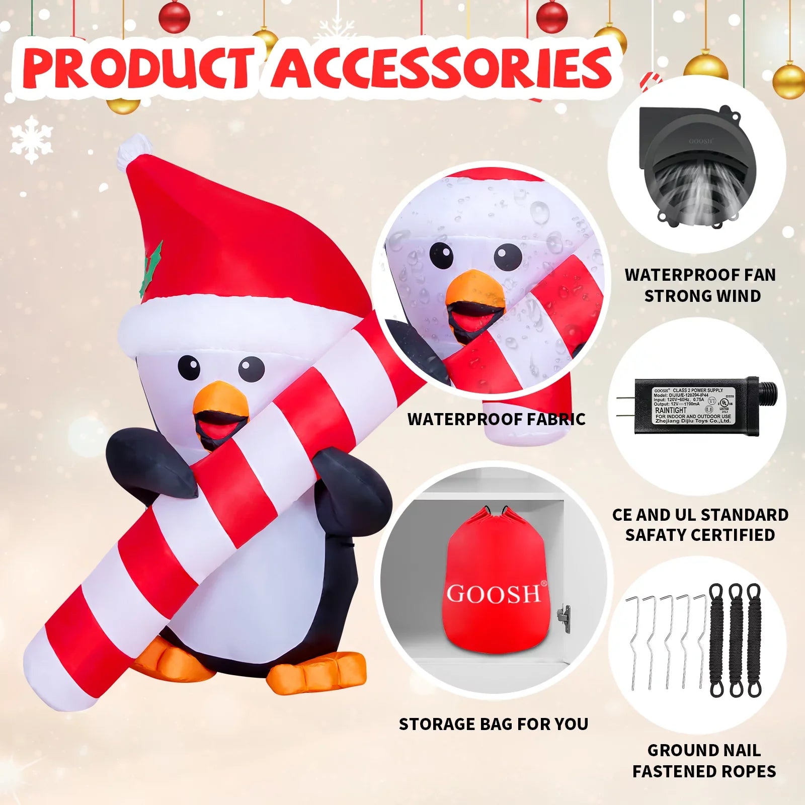 GOOSH 5ft Christmas InfLatitudeables Outdoor Decorations, Blow Up Penguin with Candy Cane InfLatitudeable Built-in LEDs for Christmas Indoor Outdoor Yard Lawn Garden Decorations